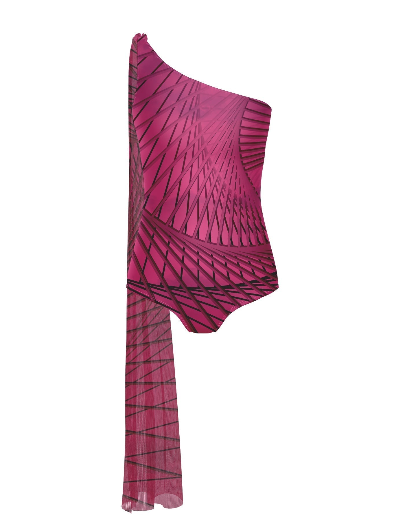 Fractal One Shoulder Leotard with Chiffon Sash