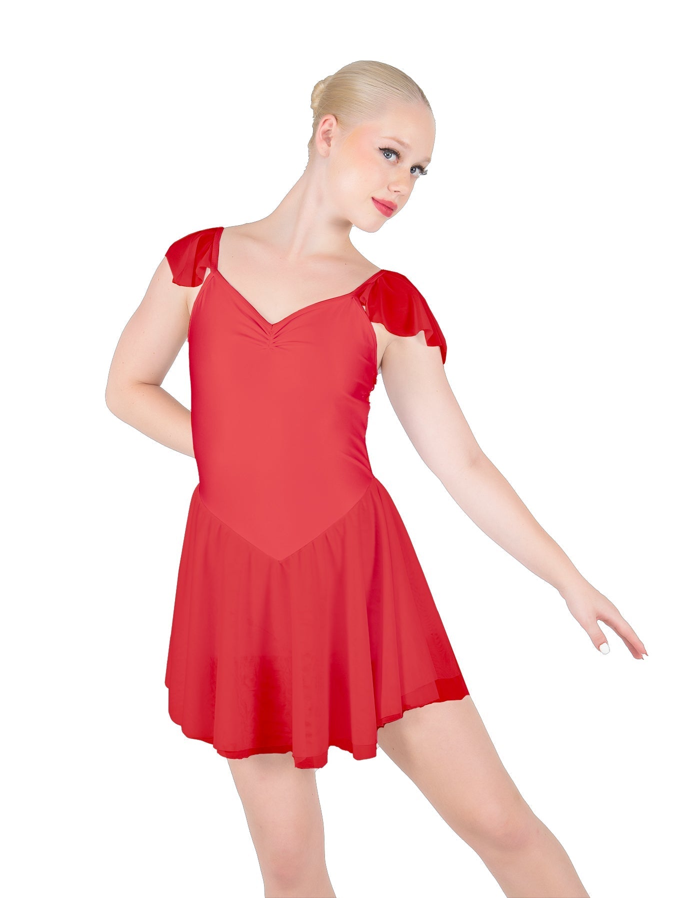 Solid Lycra and Chiffon Flutter Sweetheart Dress