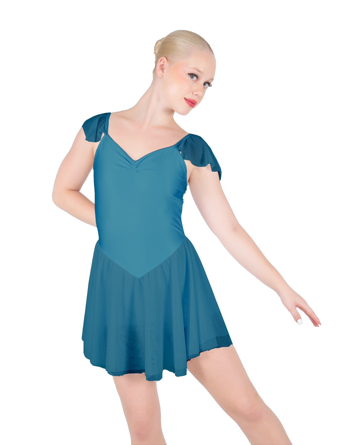 Solid Lycra and Chiffon Flutter Sweetheart Dress