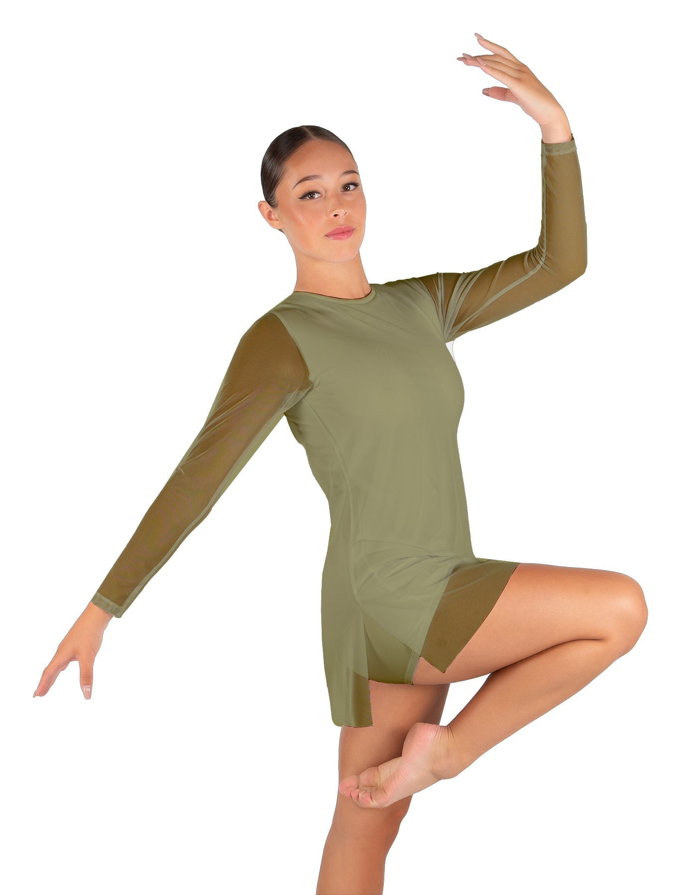 Solid Mesh and Lycra LS Round Neck Dress with Open Back and Side Slits w/biketard