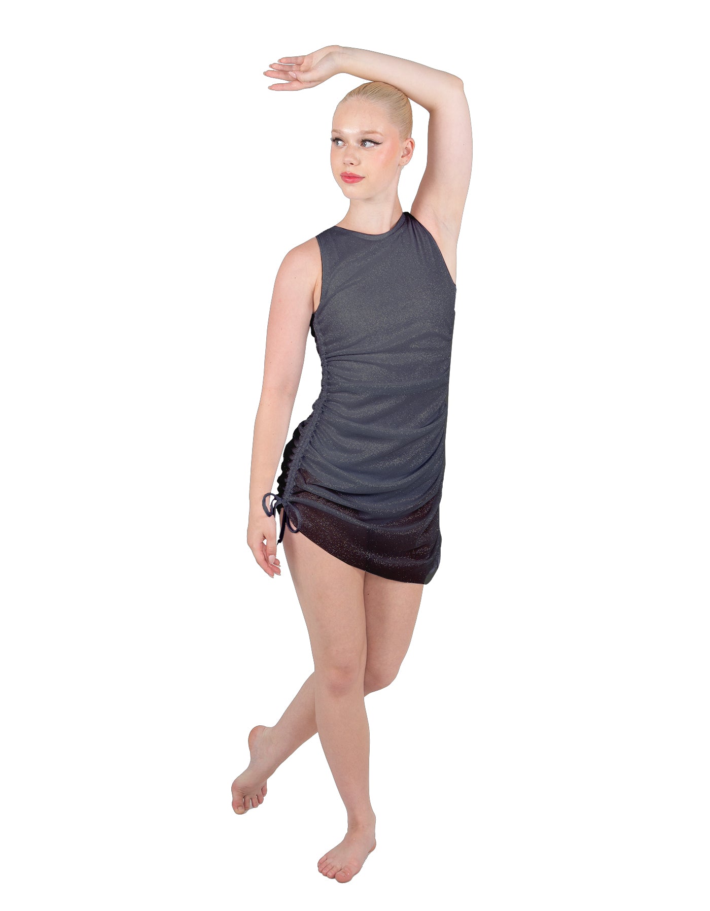 Solid Glitter Chiffon Sleeveless Rouched Dress With Leotard