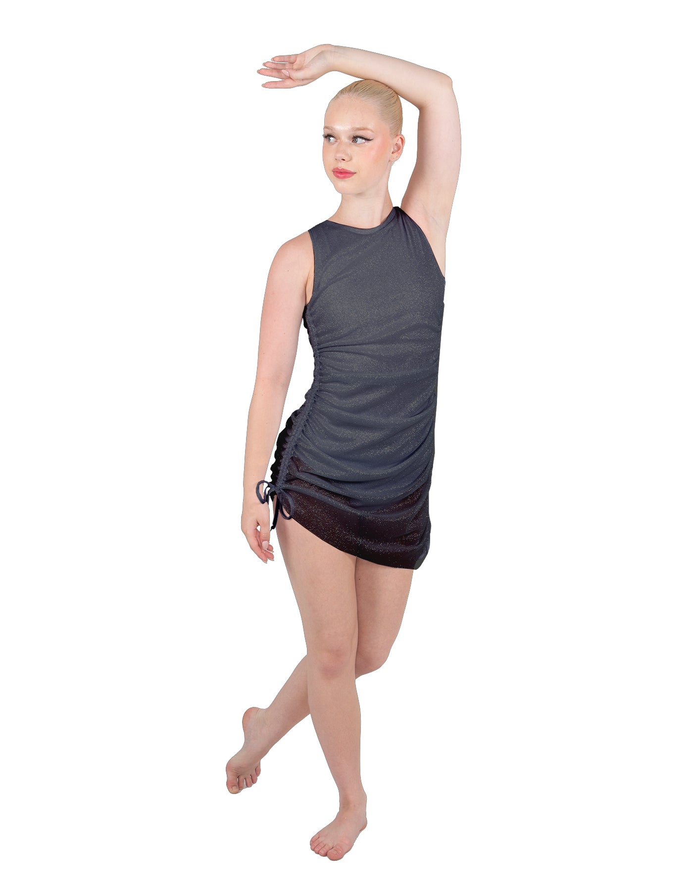 Solid Glitter Chiffon Sleeveless Rouched Dress With Leotard