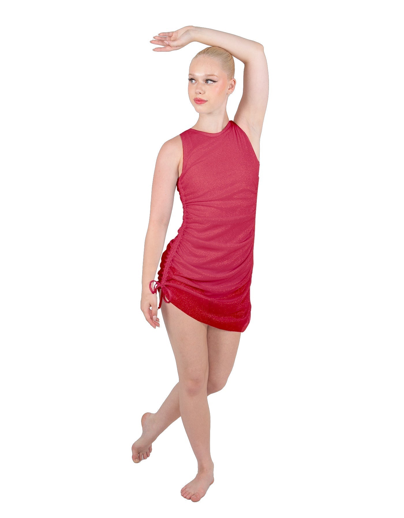 Solid Glitter Chiffon Sleeveless Rouched Dress With Leotard