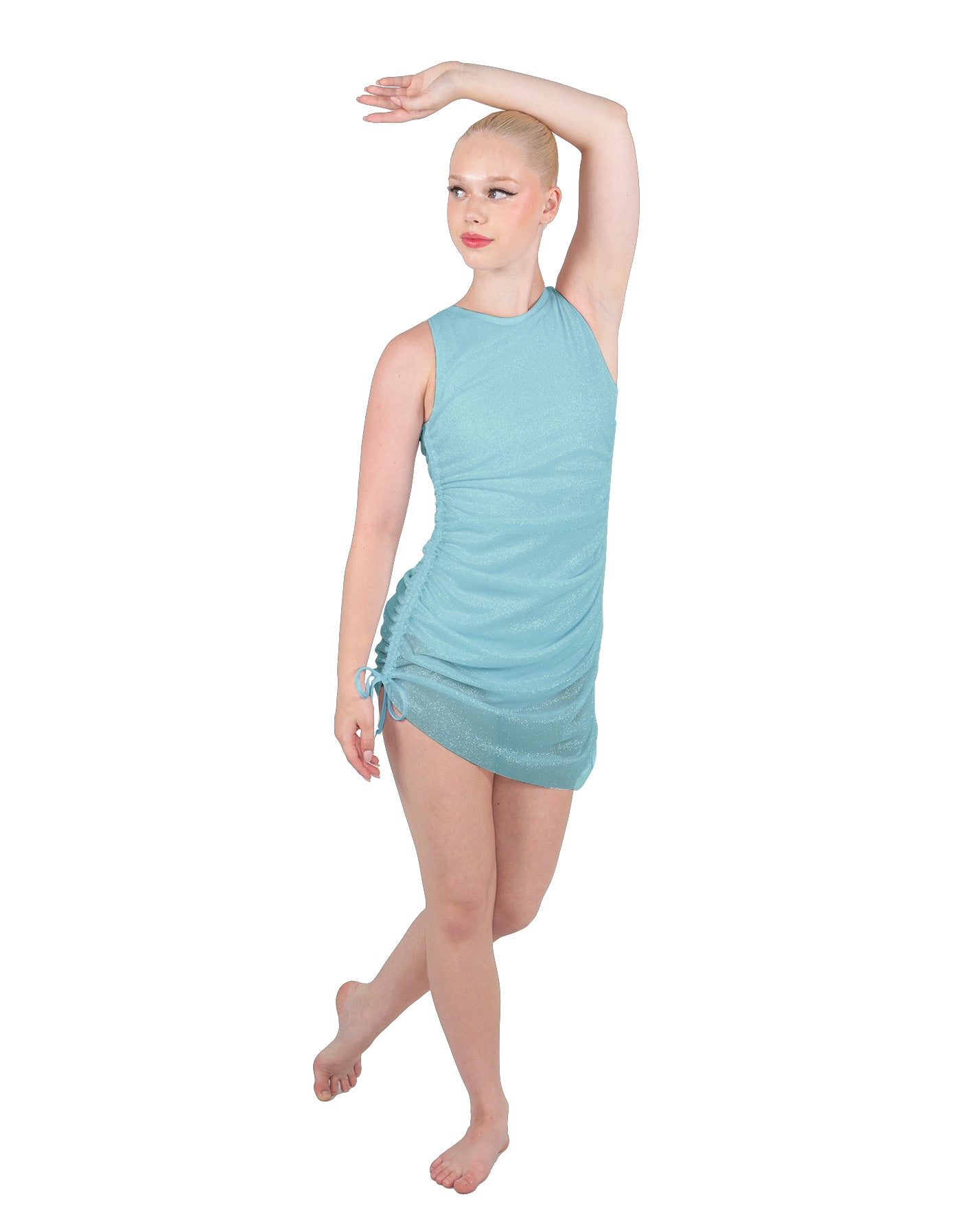 Solid Glitter Chiffon Sleeveless Rouched Dress With Leotard