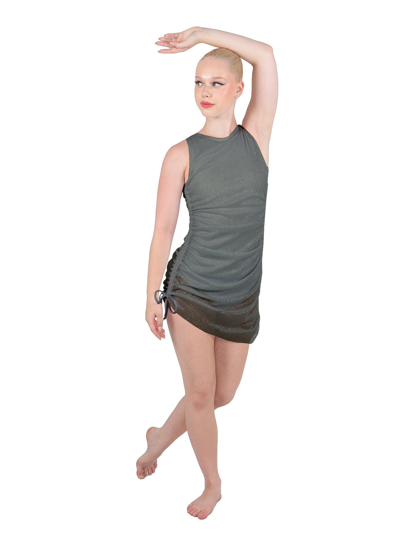 Solid Glitter Chiffon Sleeveless Rouched Dress With Leotard