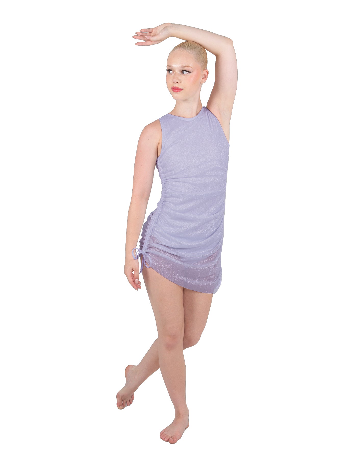 Solid Glitter Chiffon Sleeveless Rouched Dress With Leotard