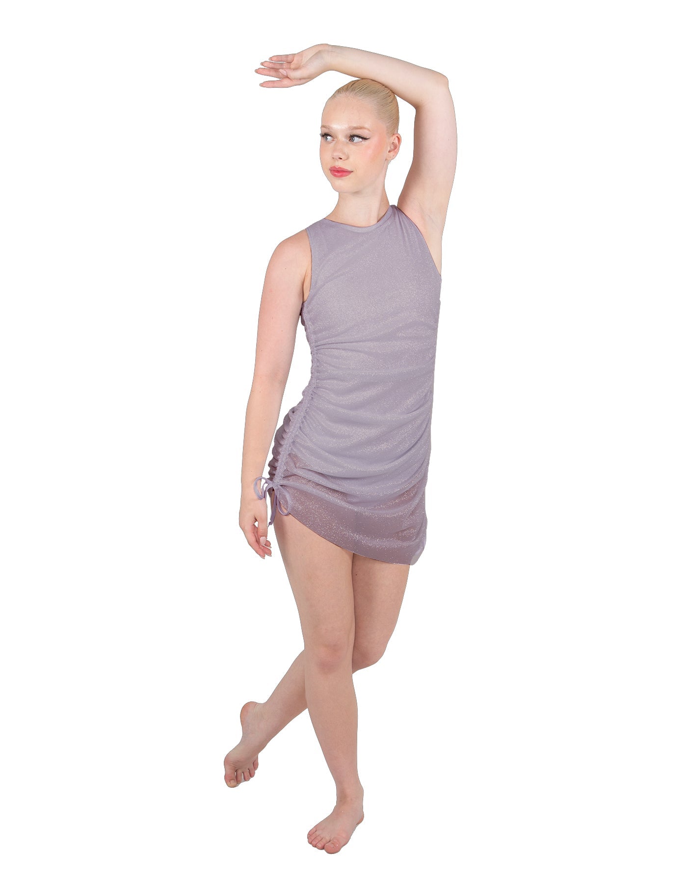 Solid Glitter Chiffon Sleeveless Rouched Dress With Leotard