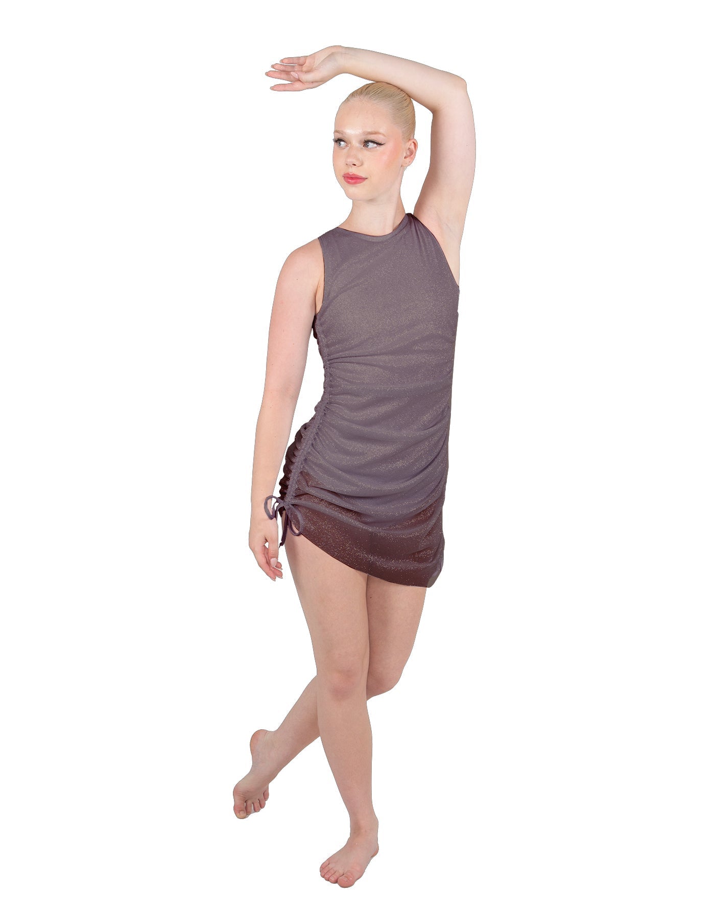 Solid Glitter Chiffon Sleeveless Rouched Dress With Leotard