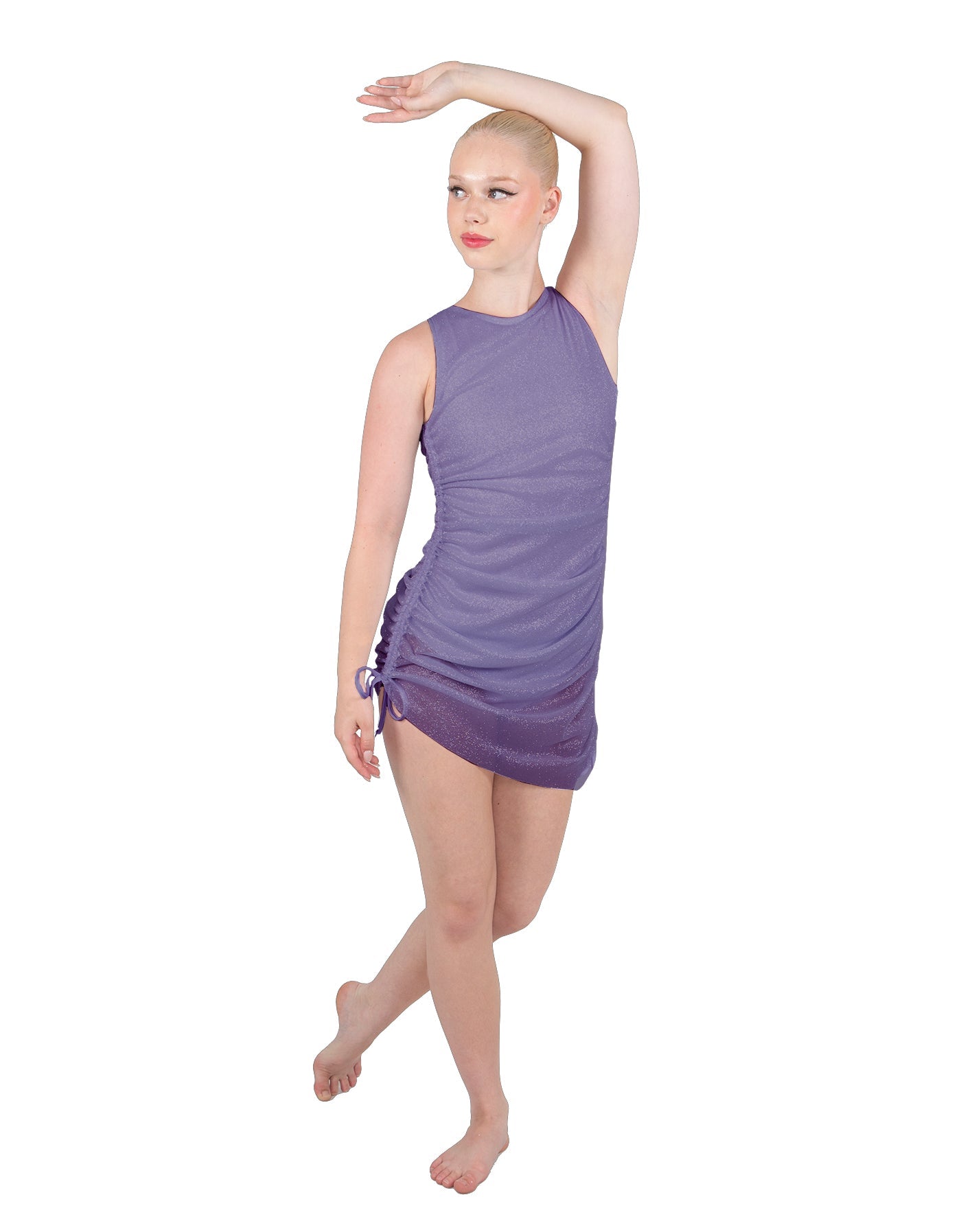 Solid Glitter Chiffon Sleeveless Rouched Dress With Leotard