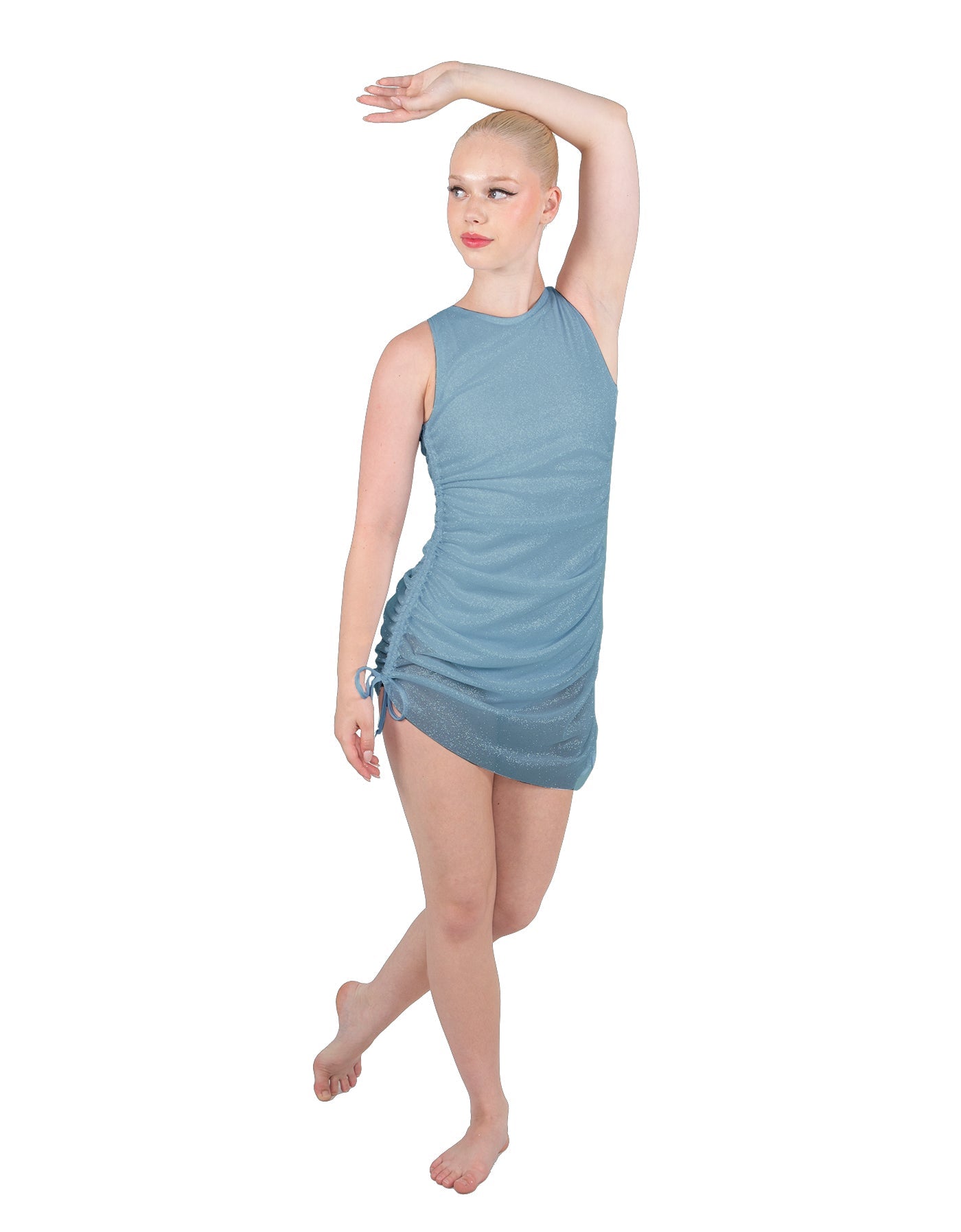 Solid Glitter Chiffon Sleeveless Rouched Dress With Leotard