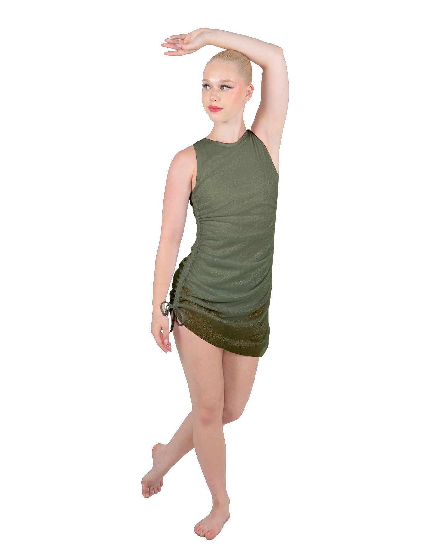 Solid Glitter Chiffon Sleeveless Rouched Dress With Leotard