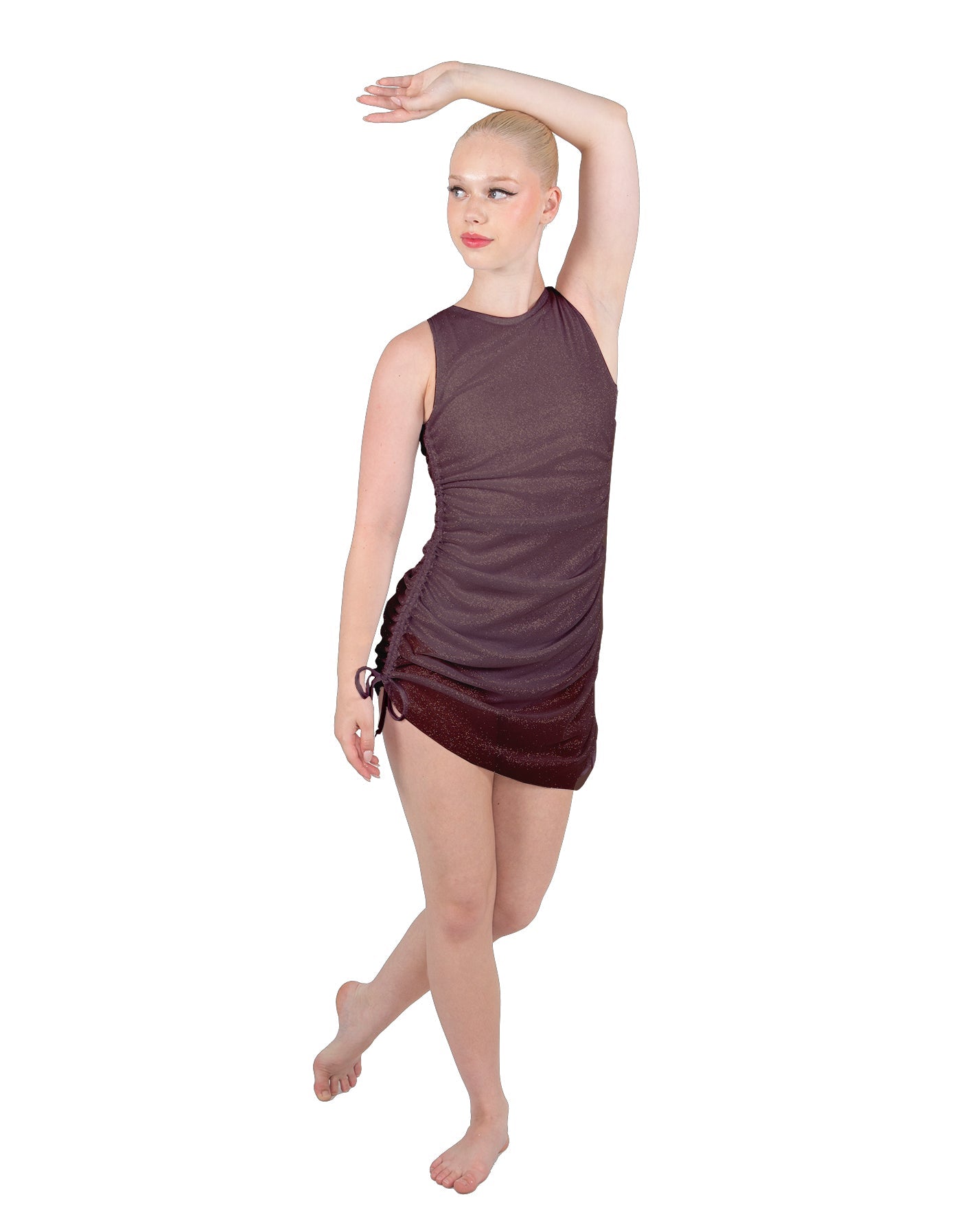 Solid Glitter Chiffon Sleeveless Rouched Dress With Leotard