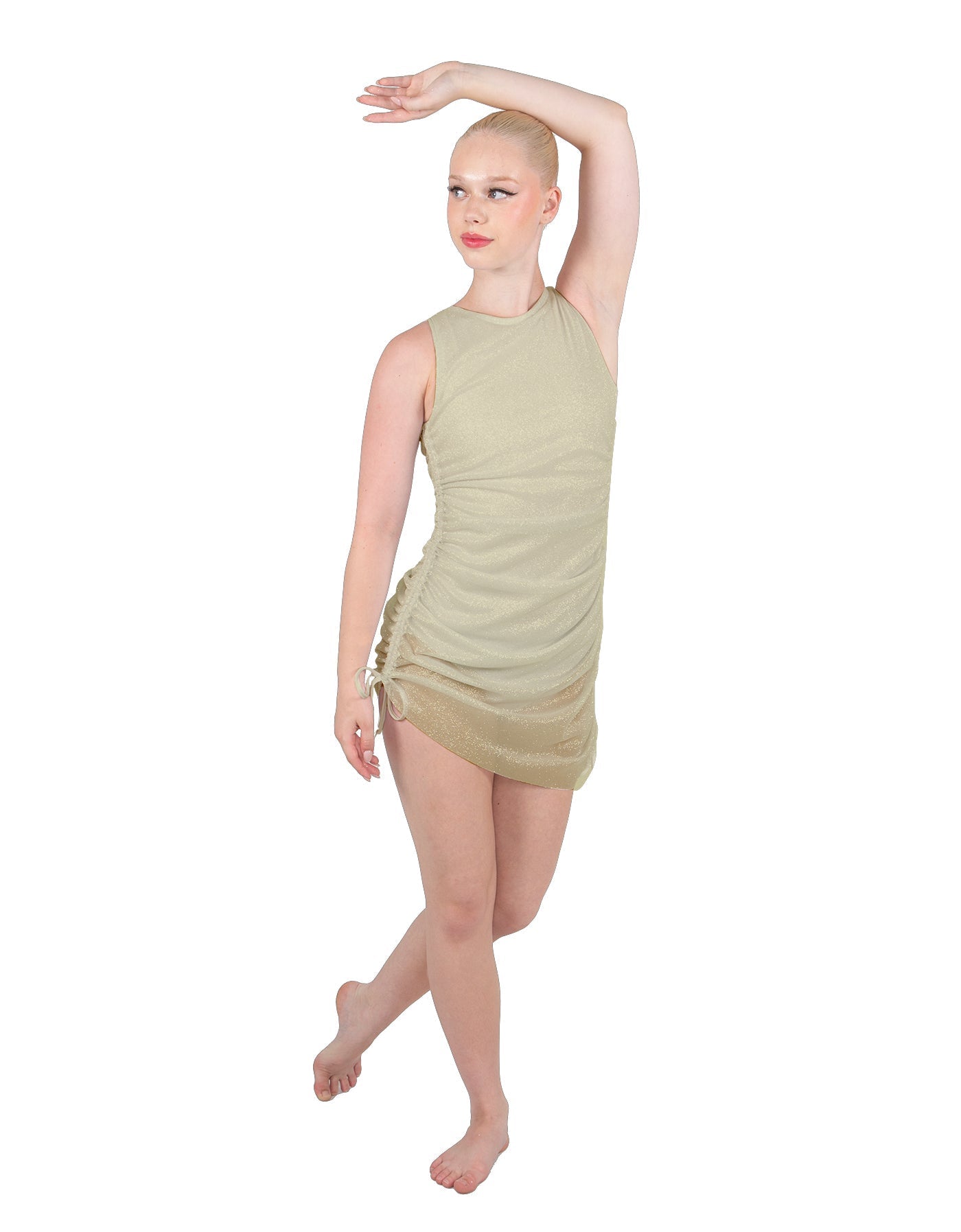 Solid Glitter Chiffon Sleeveless Rouched Dress With Leotard