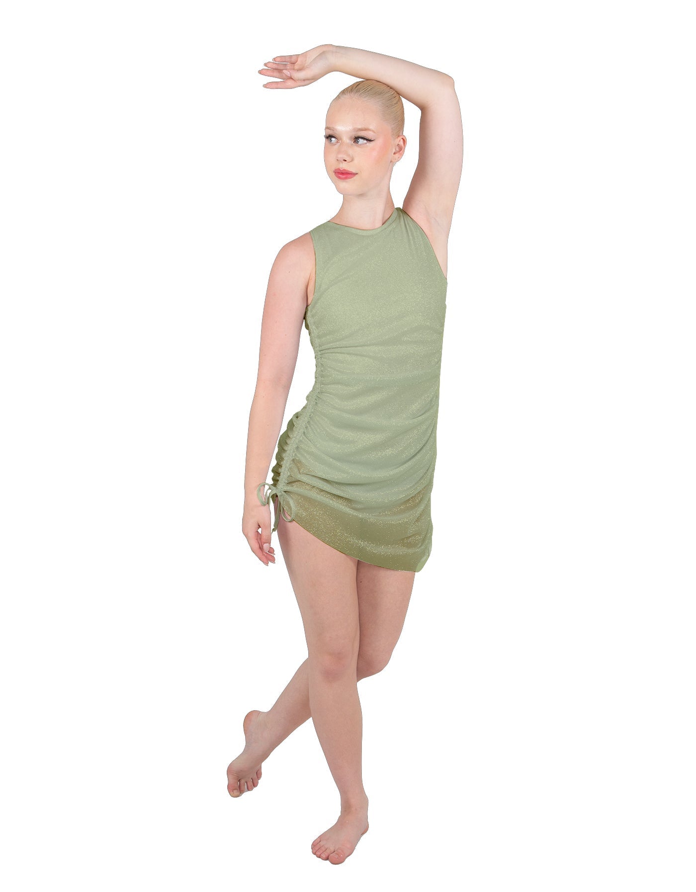 Solid Glitter Chiffon Sleeveless Rouched Dress With Leotard