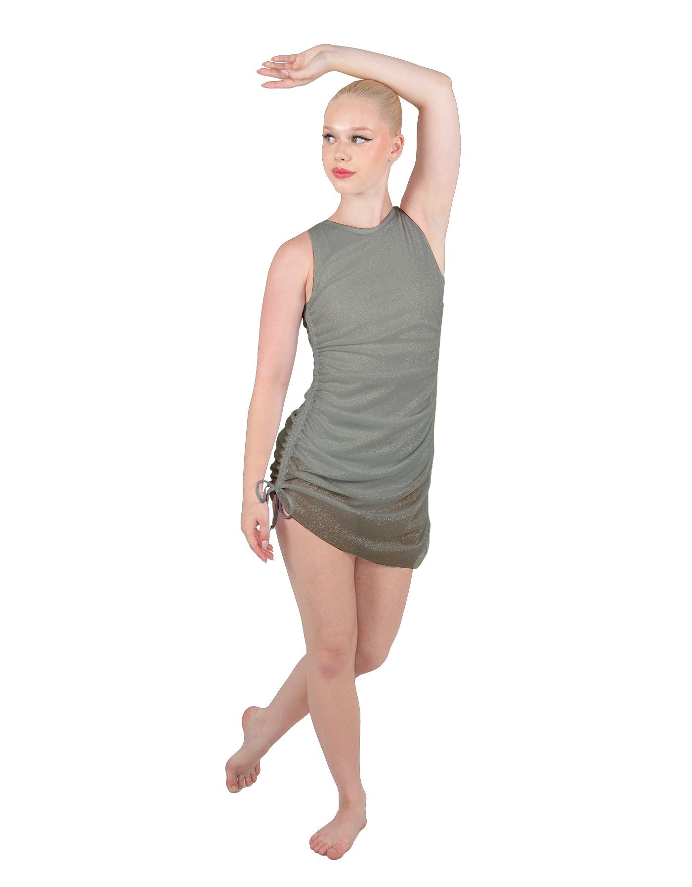 Solid Glitter Chiffon Sleeveless Rouched Dress With Leotard