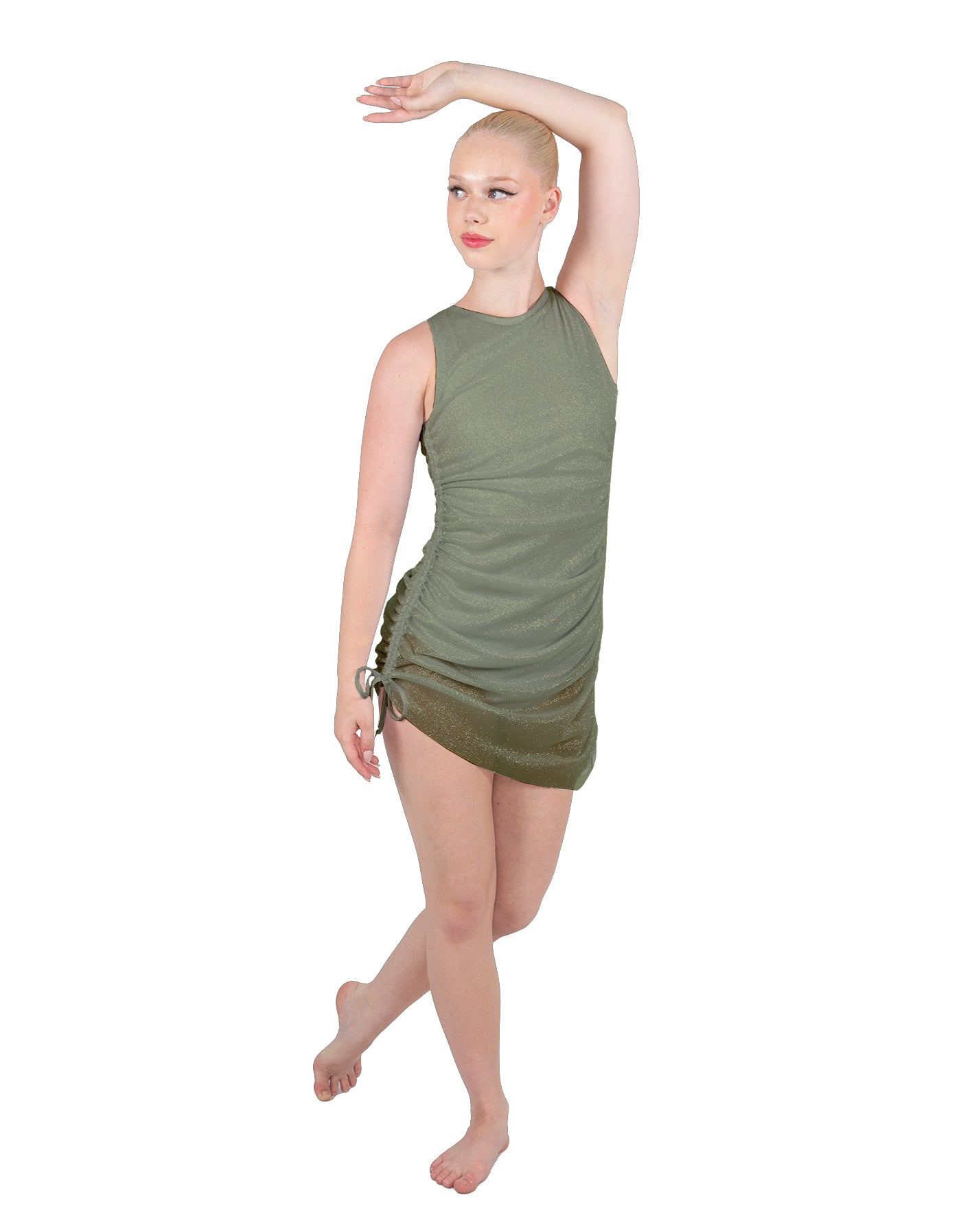 Solid Glitter Chiffon Sleeveless Rouched Dress With Leotard