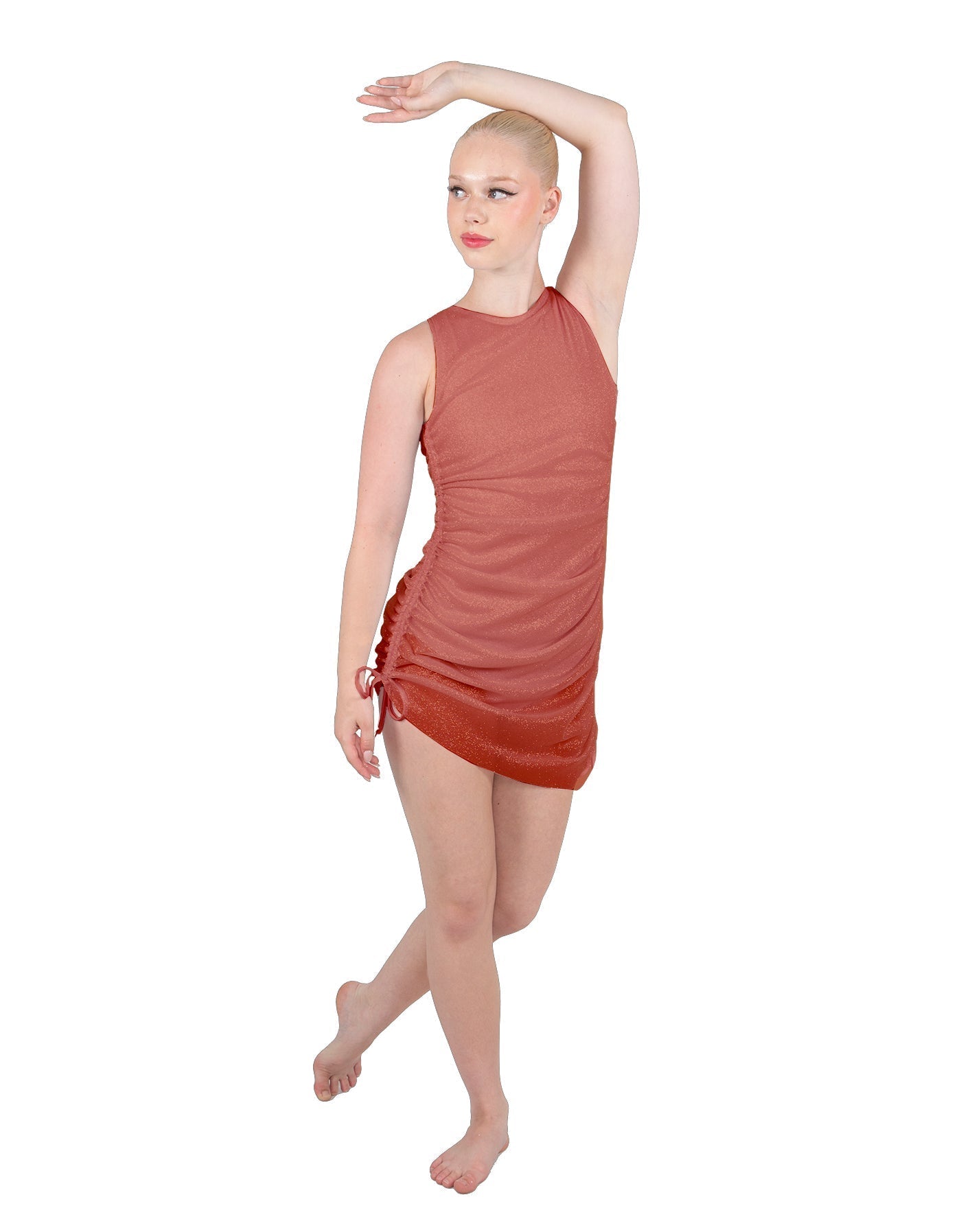 Solid Glitter Chiffon Sleeveless Rouched Dress With Leotard