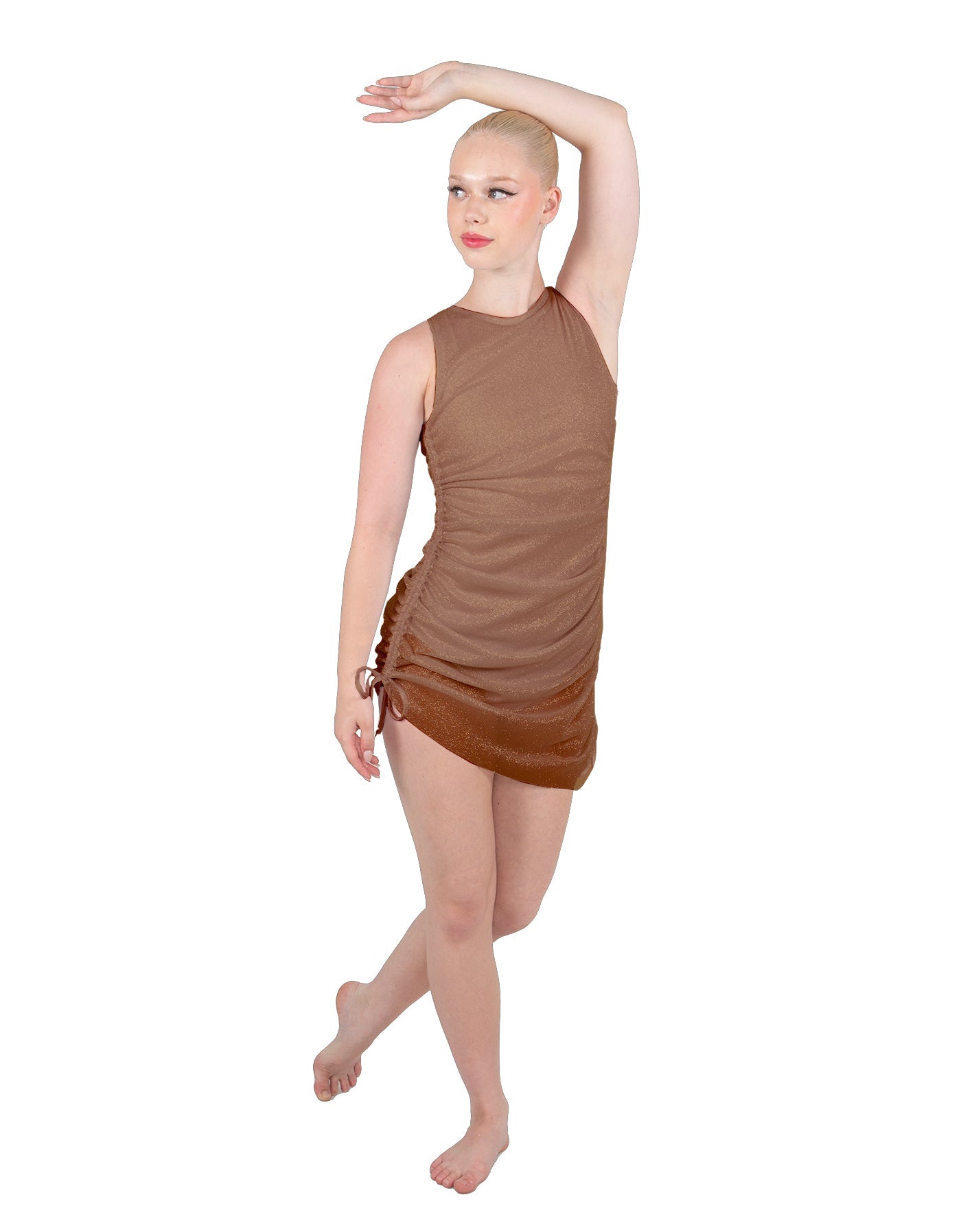 Solid Glitter Chiffon Sleeveless Rouched Dress With Leotard