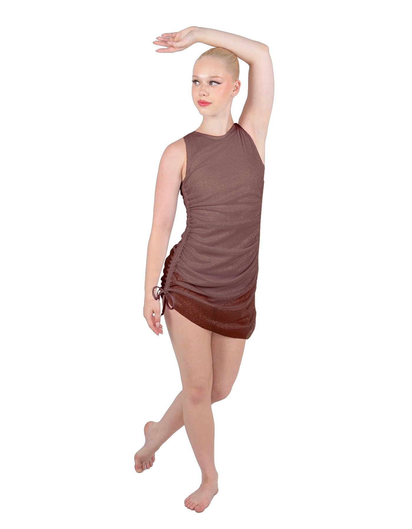 Solid Glitter Chiffon Sleeveless Rouched Dress With Leotard