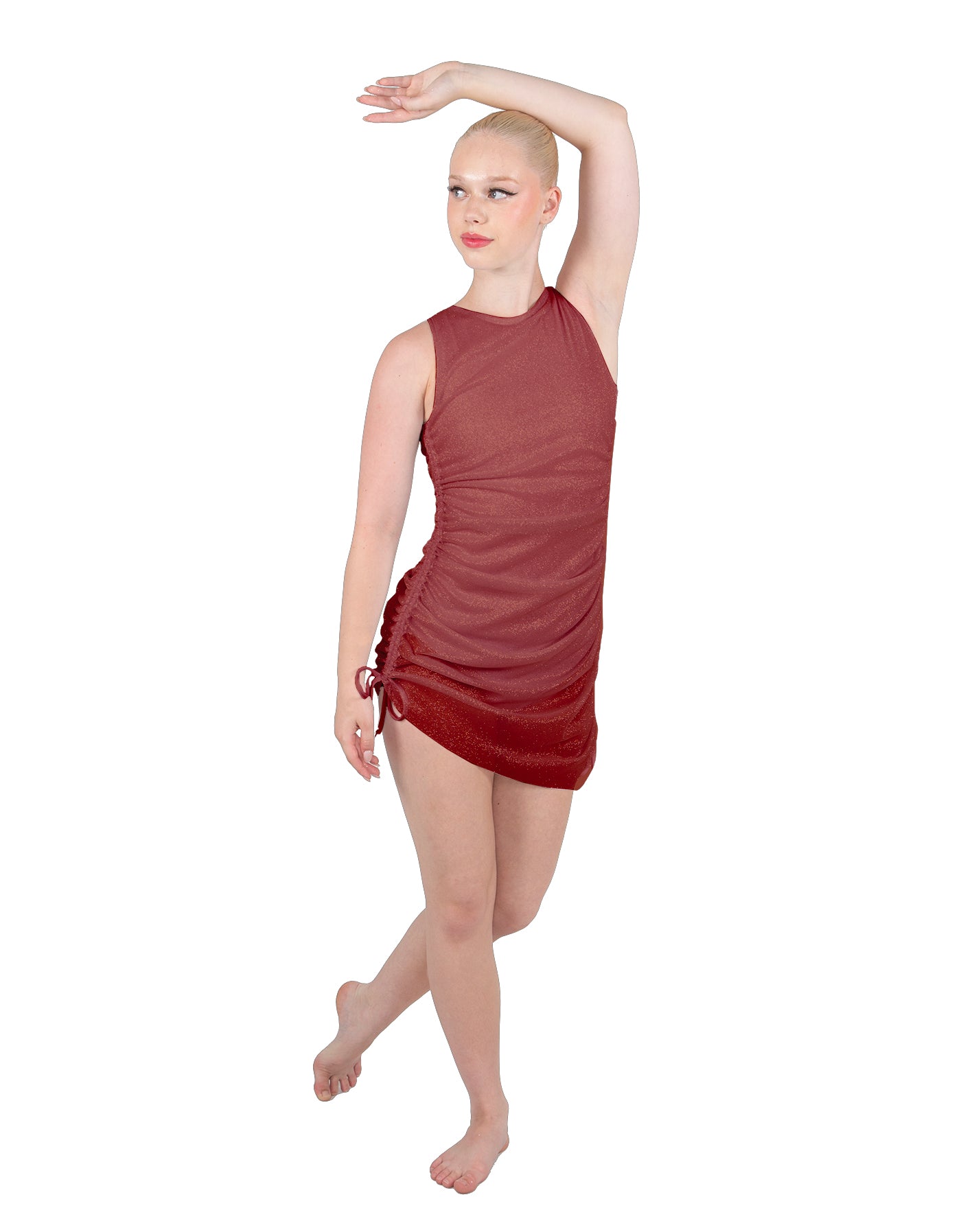 Solid Glitter Chiffon Sleeveless Rouched Dress With Leotard