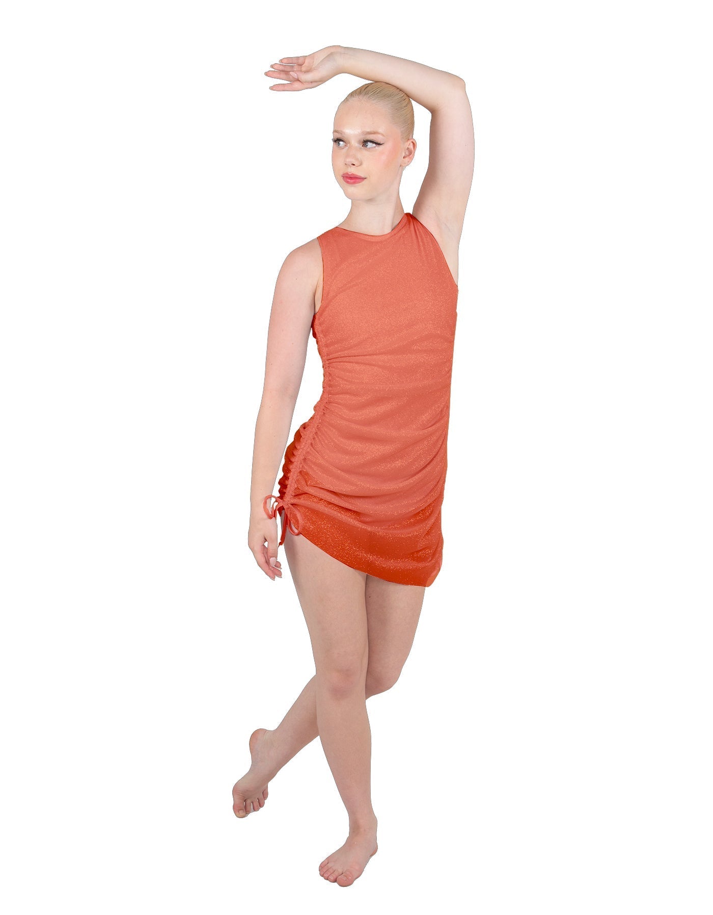 Solid Glitter Chiffon Sleeveless Rouched Dress With Leotard