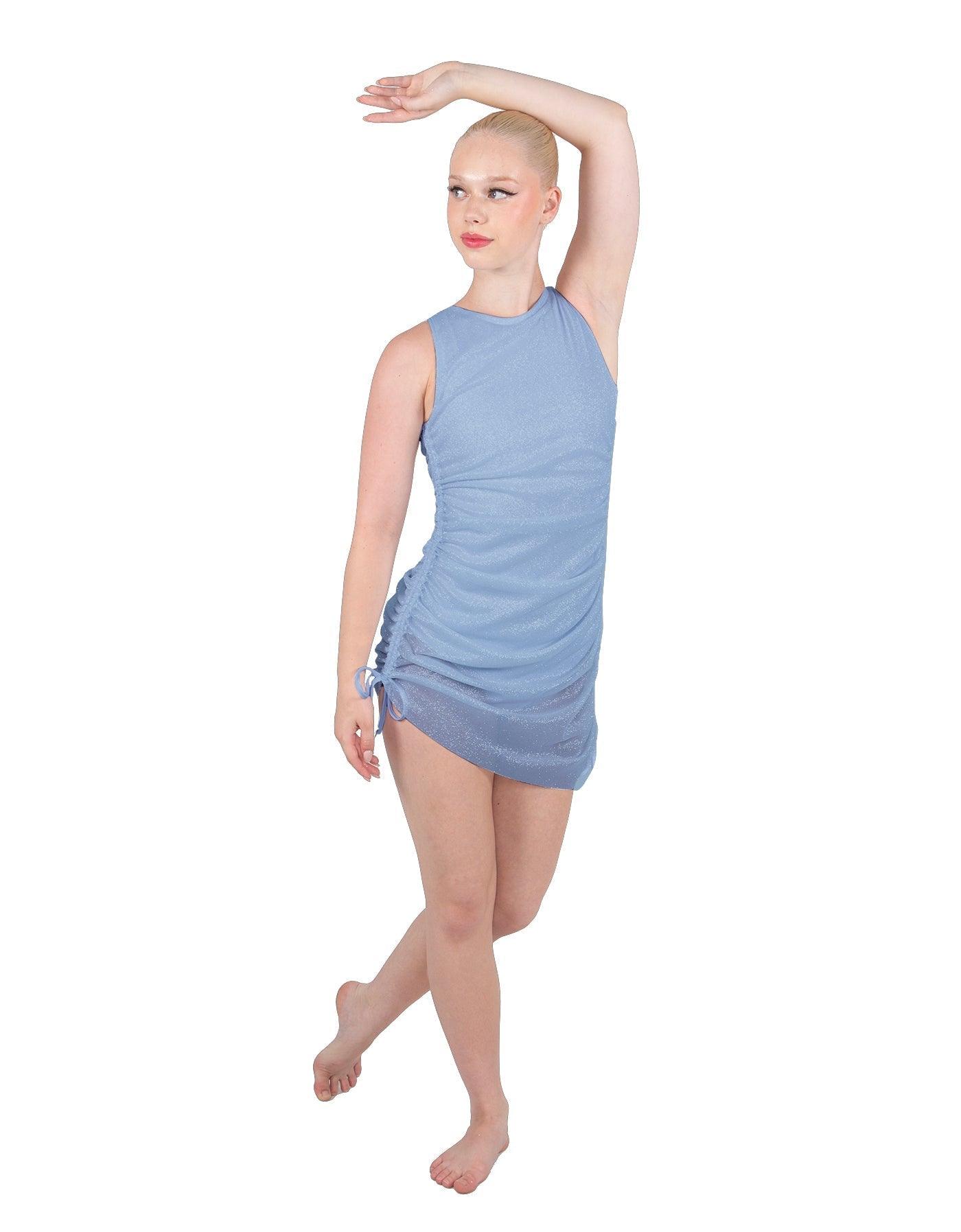 Solid Glitter Chiffon Sleeveless Rouched Dress With Leotard