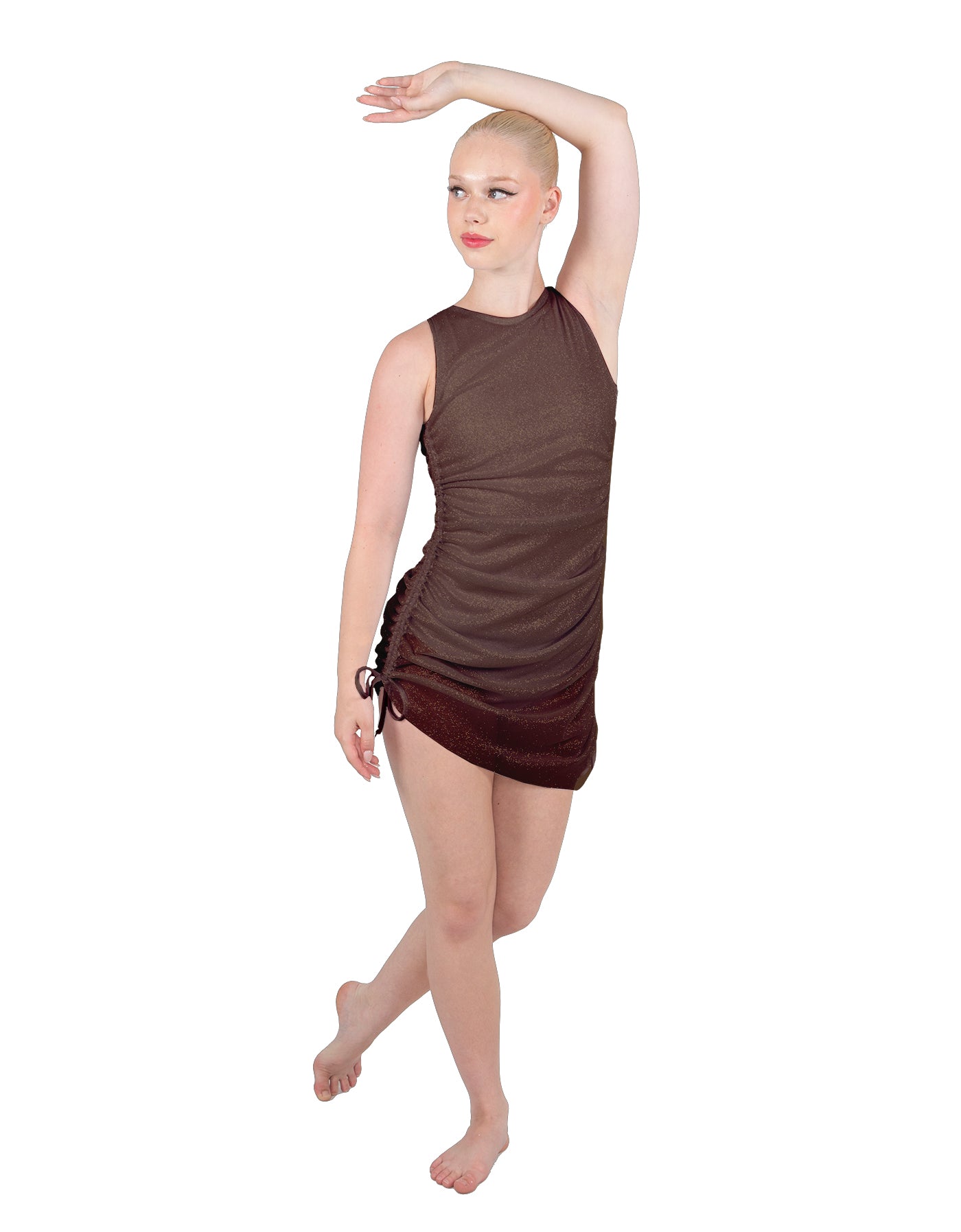 Solid Glitter Chiffon Sleeveless Rouched Dress With Leotard