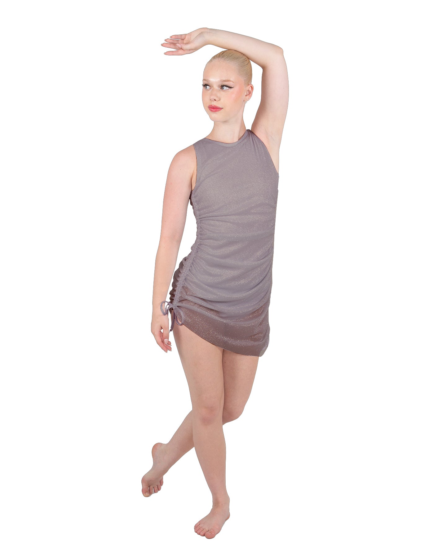 Solid Glitter Chiffon Sleeveless Rouched Dress With Leotard