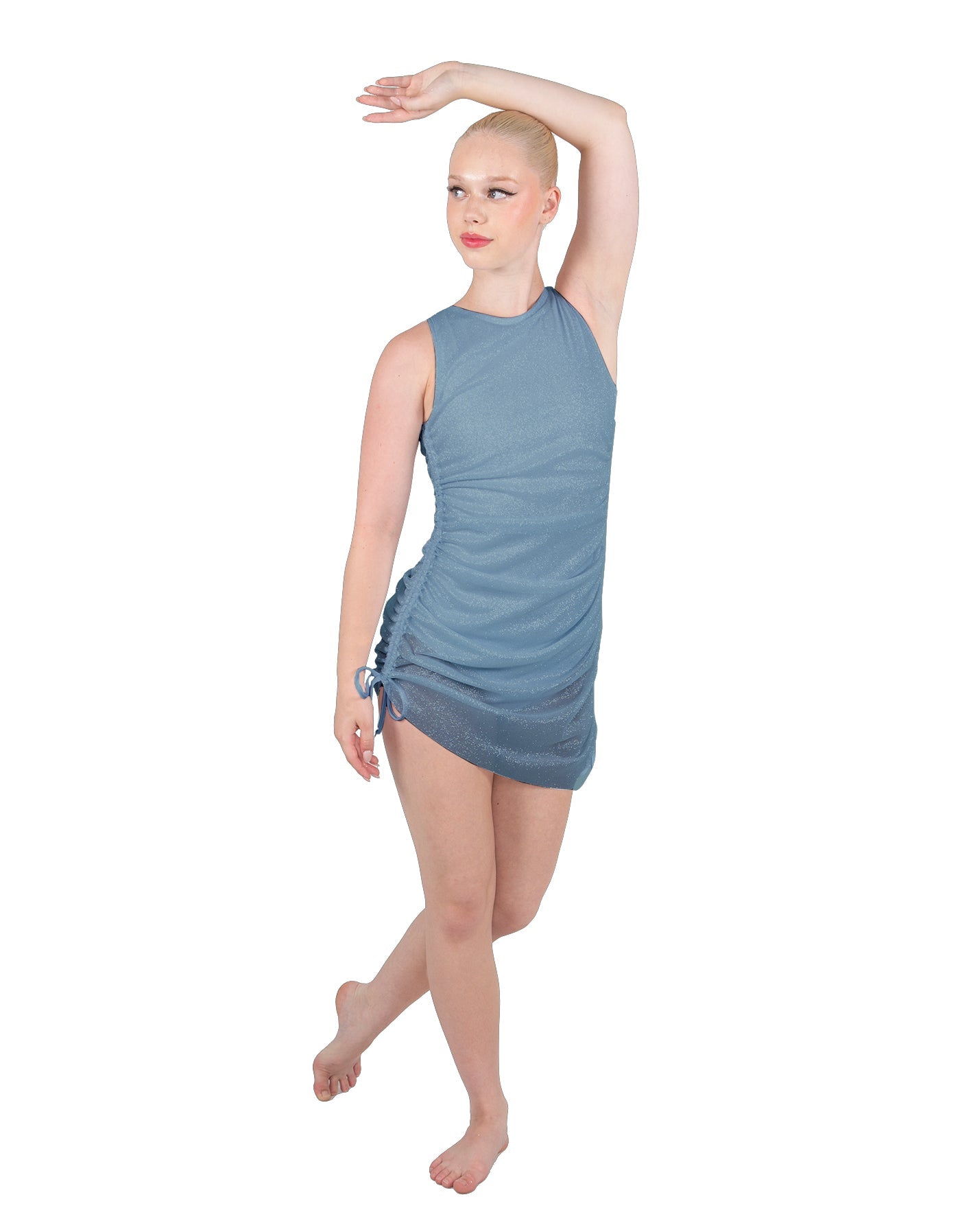 Solid Glitter Chiffon Sleeveless Rouched Dress With Leotard