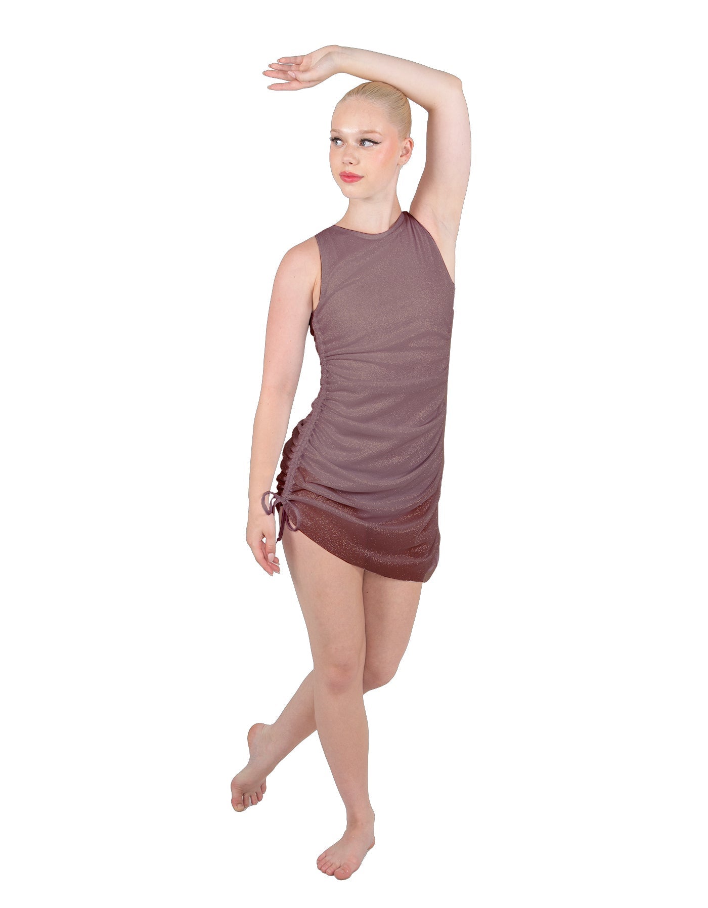 Solid Glitter Chiffon Sleeveless Rouched Dress With Leotard