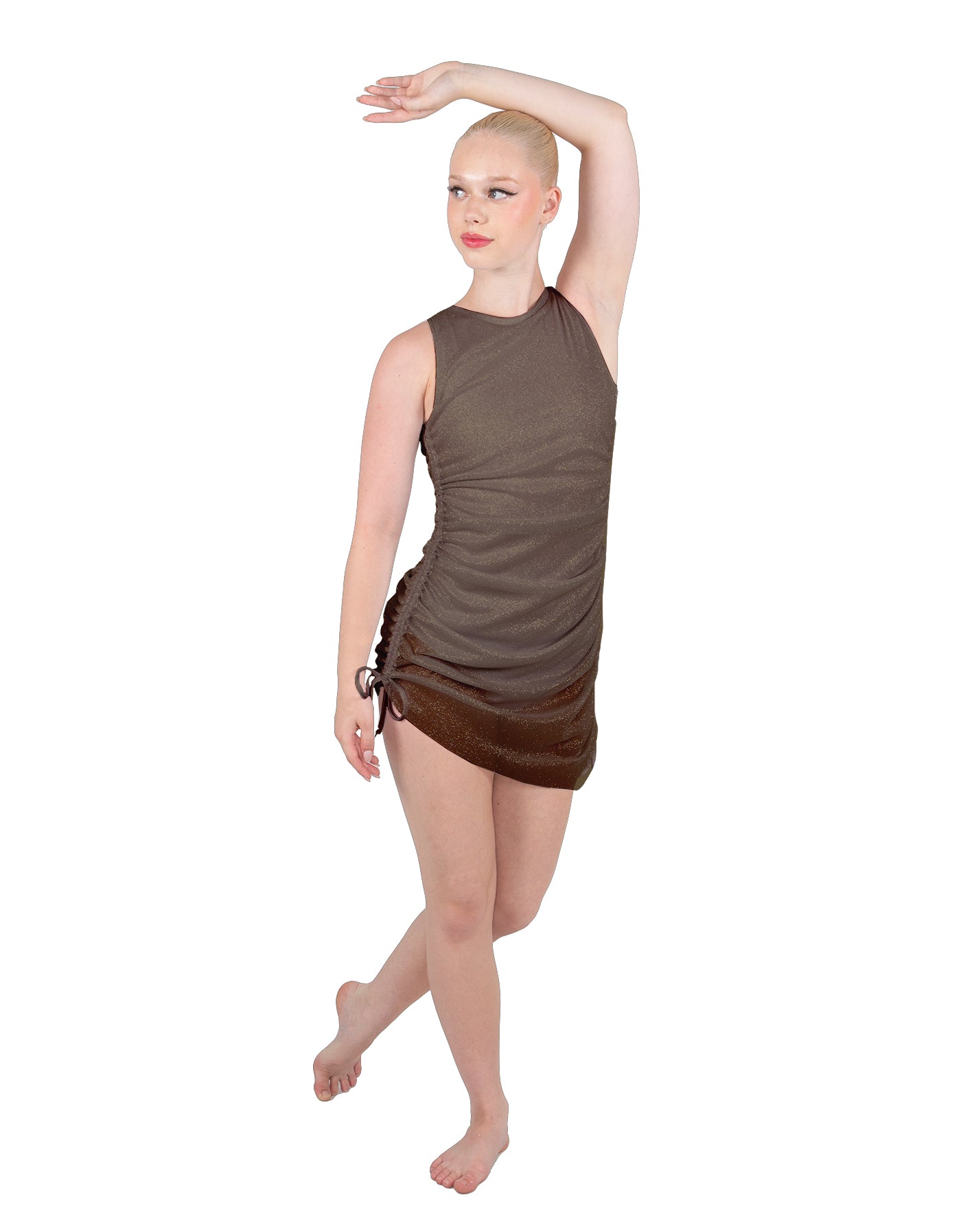 Solid Glitter Chiffon Sleeveless Rouched Dress With Leotard