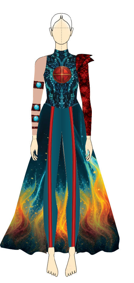 LT HS - Carmina Burana BAND UNITARD - LS Zip BK - One Shoulder Cap with double full Half Waist Cape