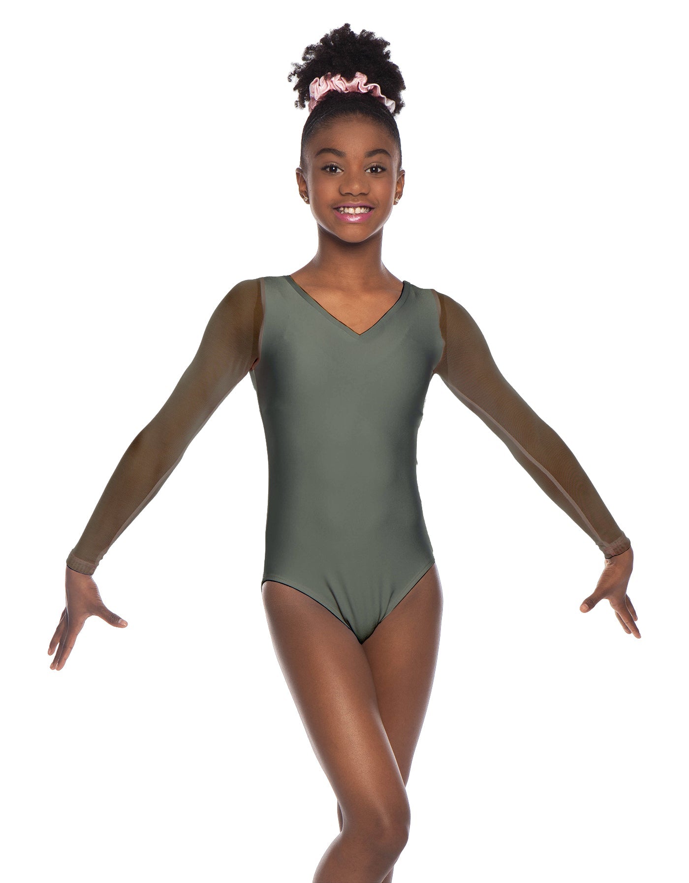 Solid Lycra Mesh LS V Neck Leotard Gymnastics