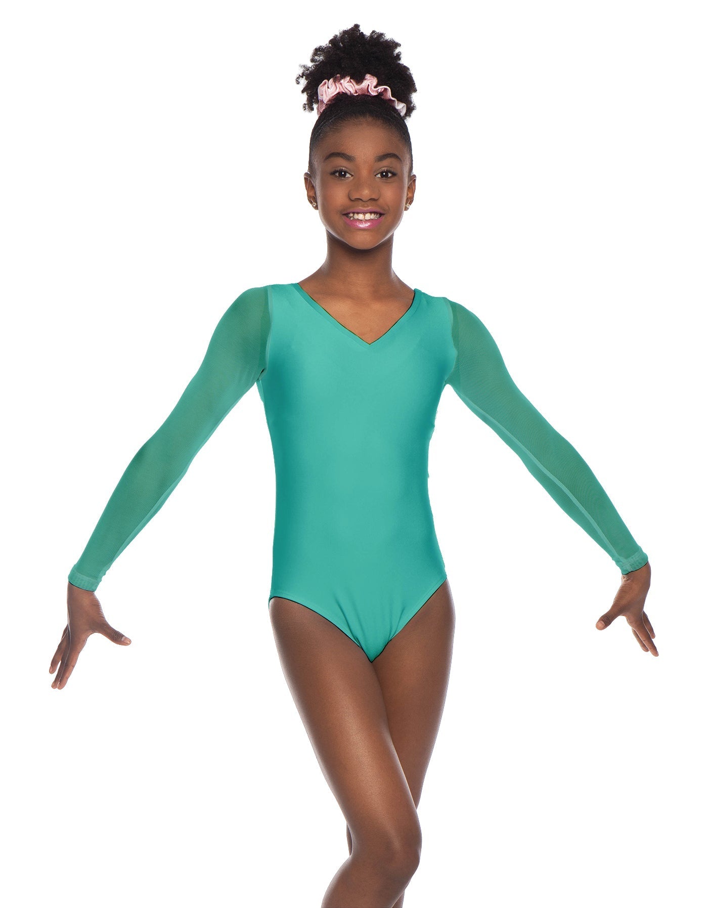 Solid Lycra Mesh LS V Neck Leotard Gymnastics