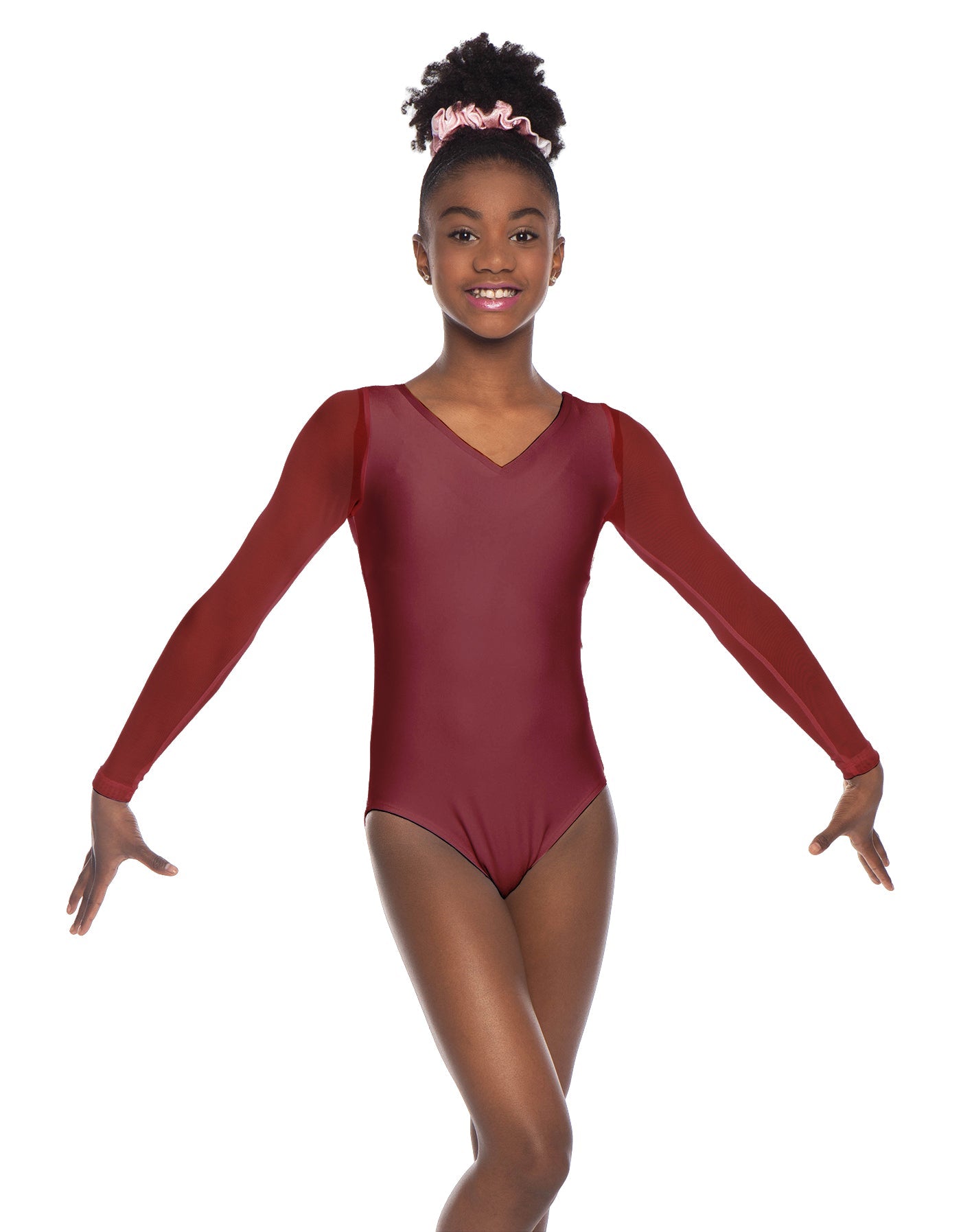 Solid Lycra Mesh LS V Neck Leotard Gymnastics