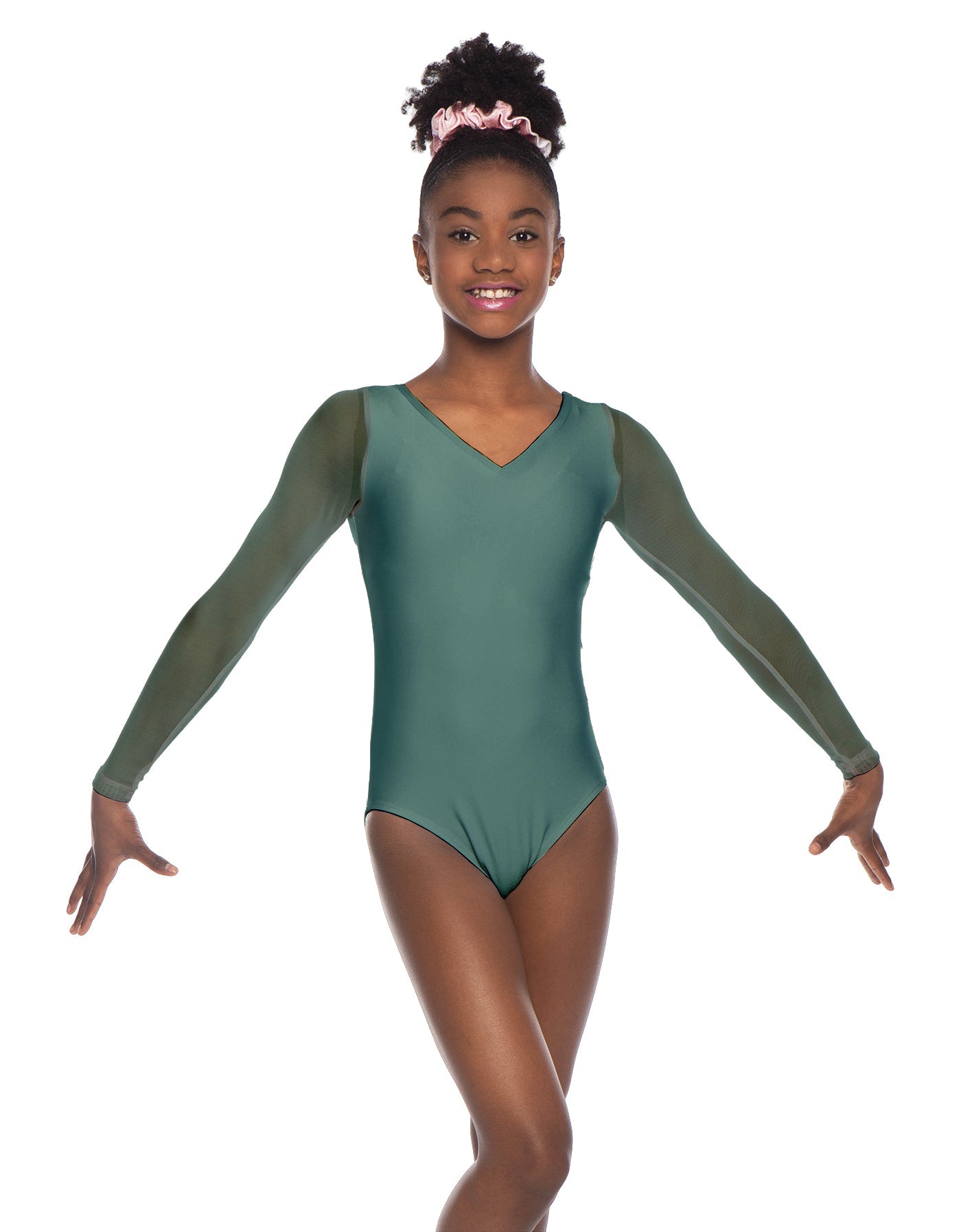 Solid Lycra Mesh LS V Neck Leotard Gymnastics