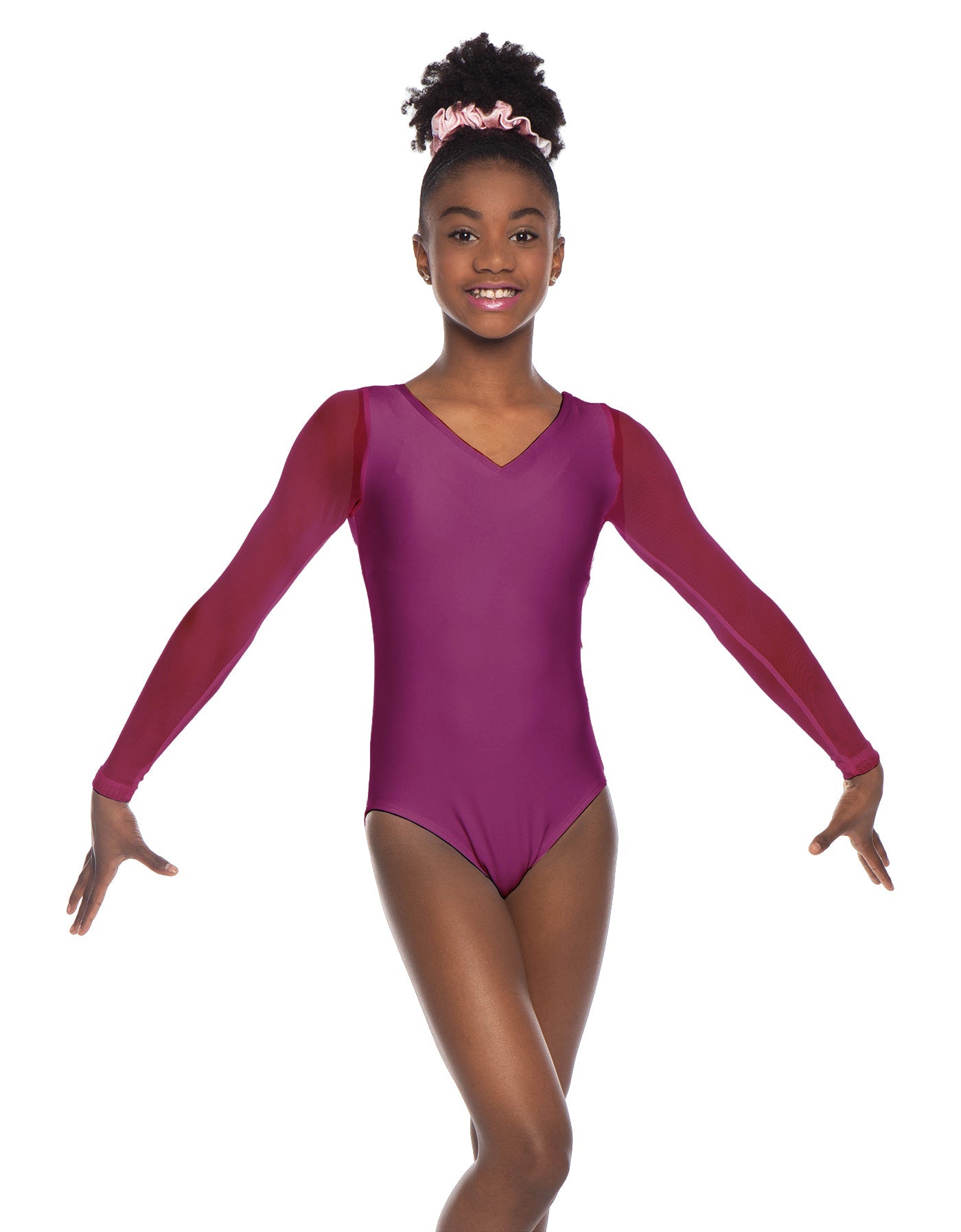 Solid Lycra Mesh LS V Neck Leotard Gymnastics