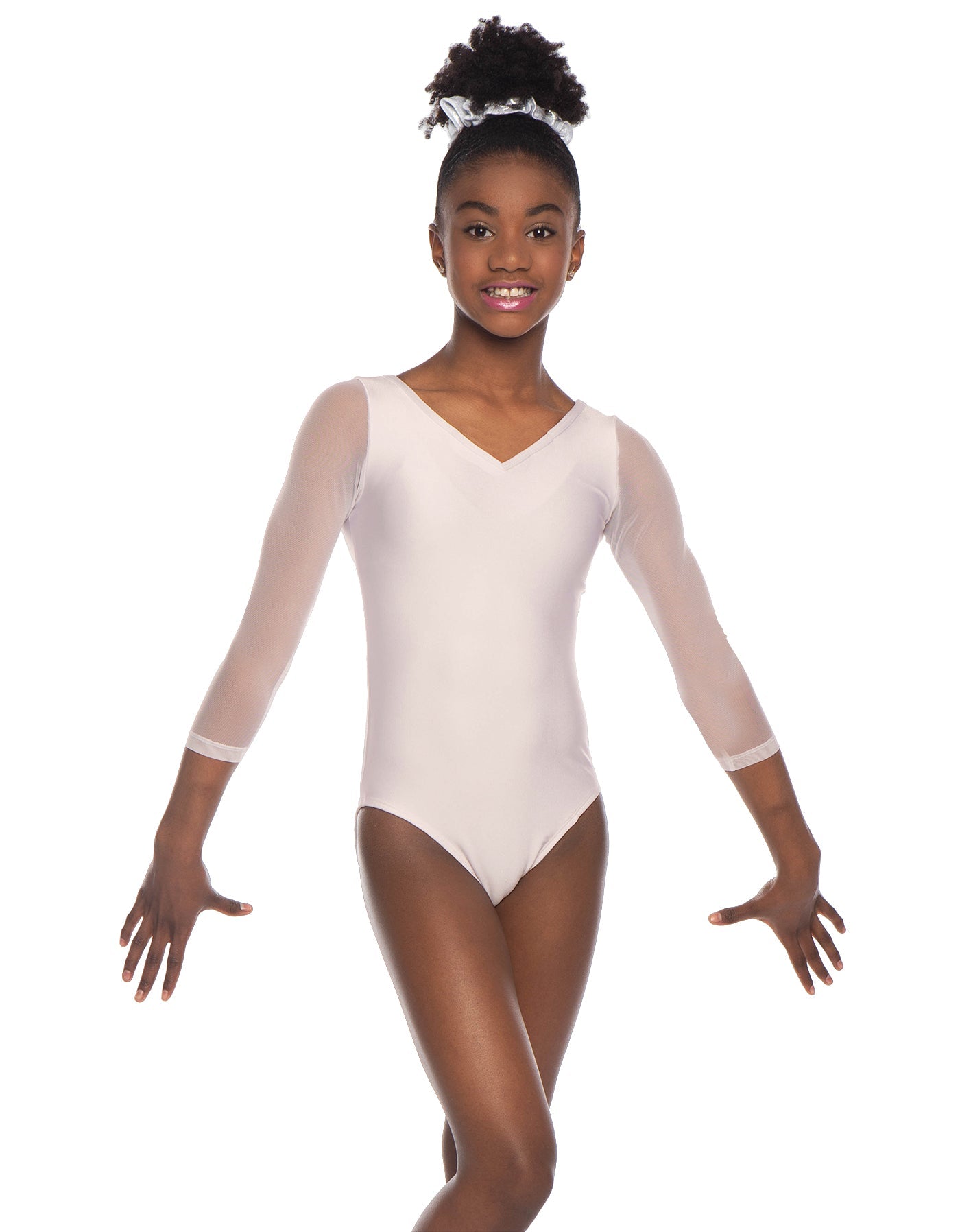 Solid Lycra Mesh 3/4 Sleeve V-Neck Leotard Gymnastics