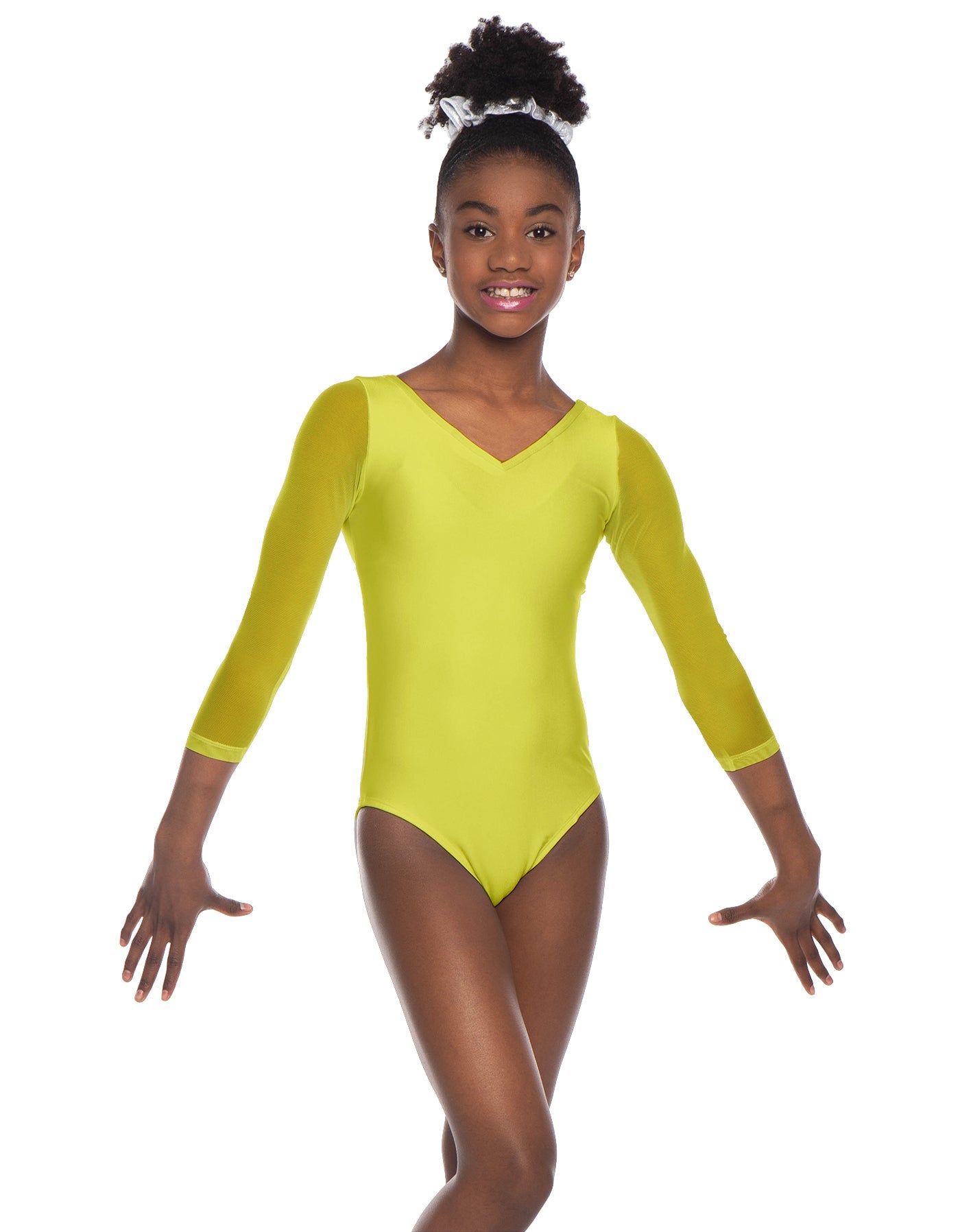 Solid Lycra Mesh 3/4 Sleeve V-Neck Leotard Gymnastics