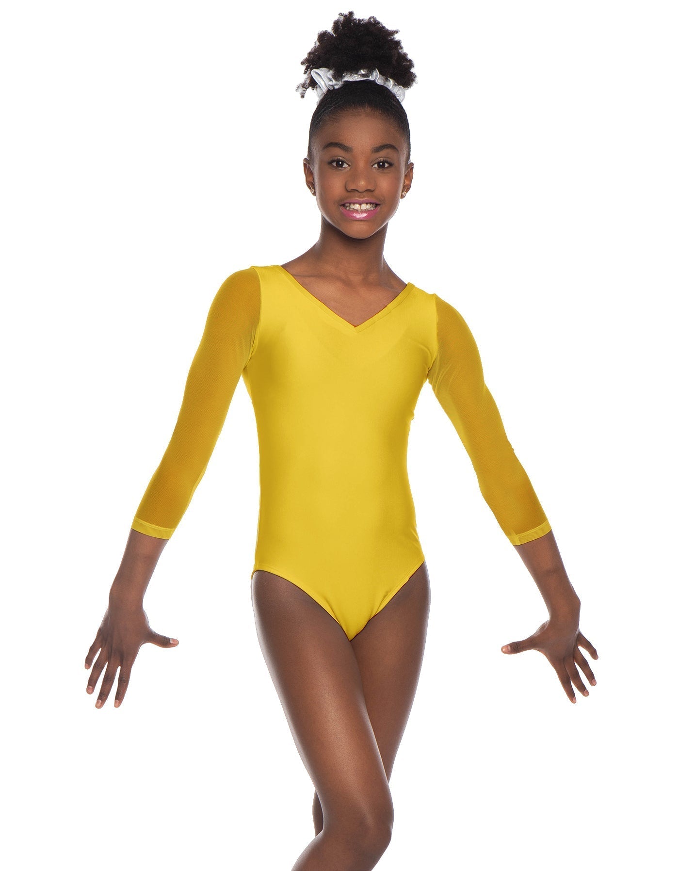 Solid Lycra Mesh 3/4 Sleeve V-Neck Leotard Gymnastics