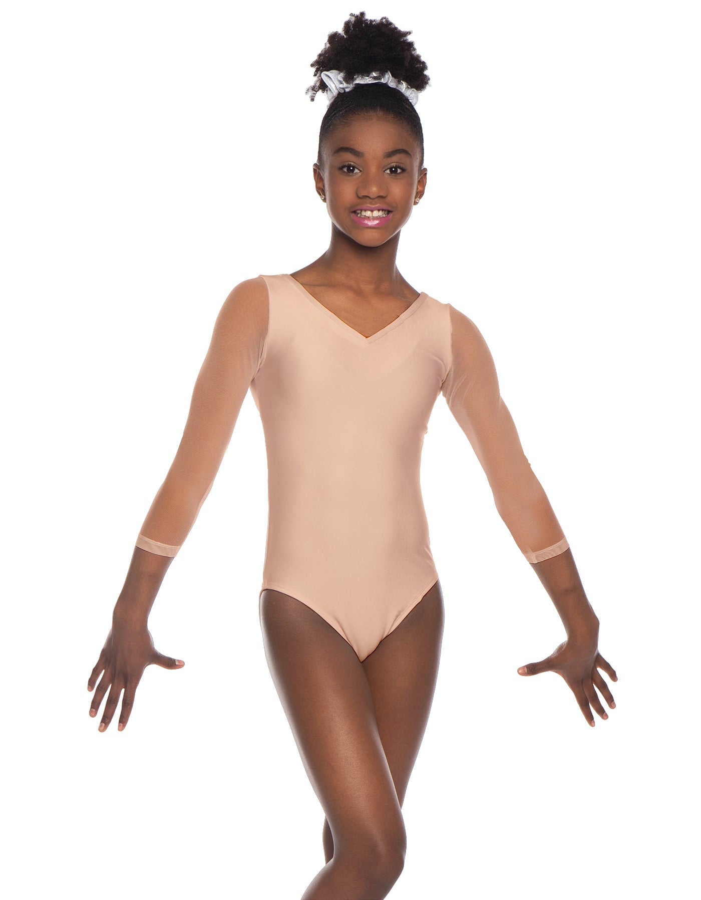Solid Lycra Mesh 3/4 Sleeve V-Neck Leotard Gymnastics