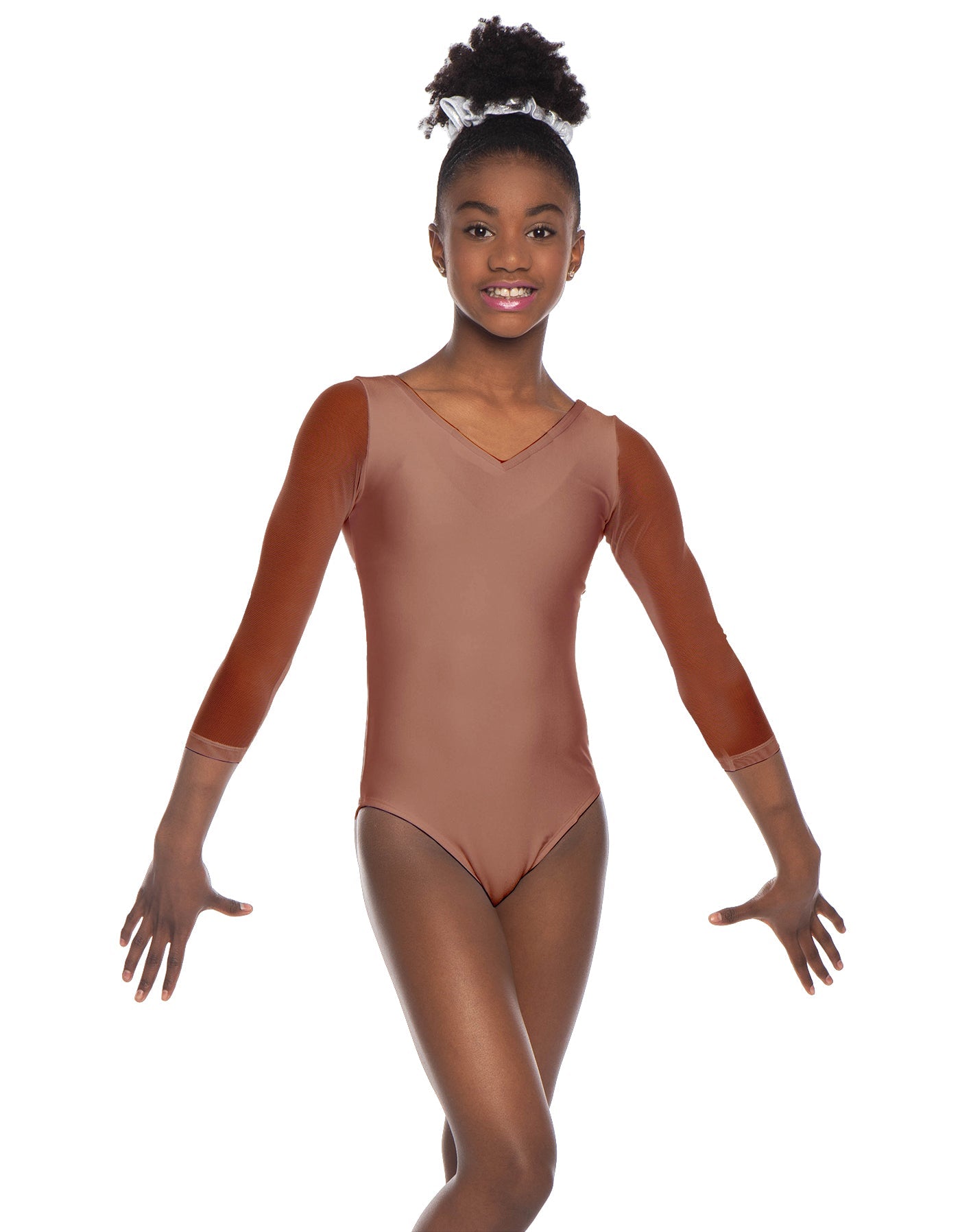 Solid Lycra Mesh 3/4 Sleeve V-Neck Leotard Gymnastics