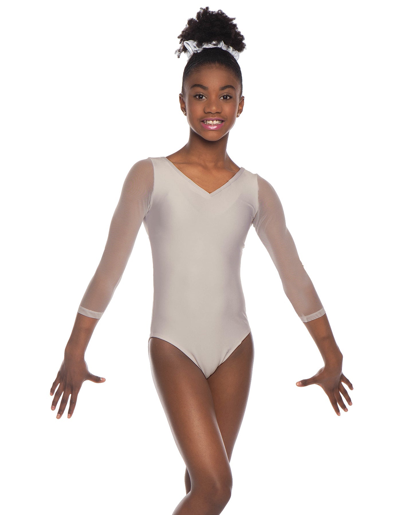 Solid Lycra Mesh 3/4 Sleeve V-Neck Leotard Gymnastics
