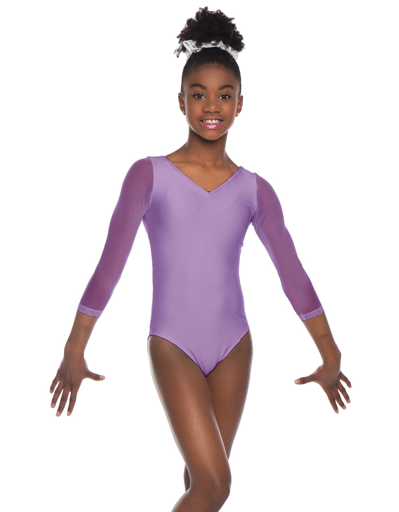 Solid Lycra Mesh 3/4 Sleeve V-Neck Leotard Gymnastics