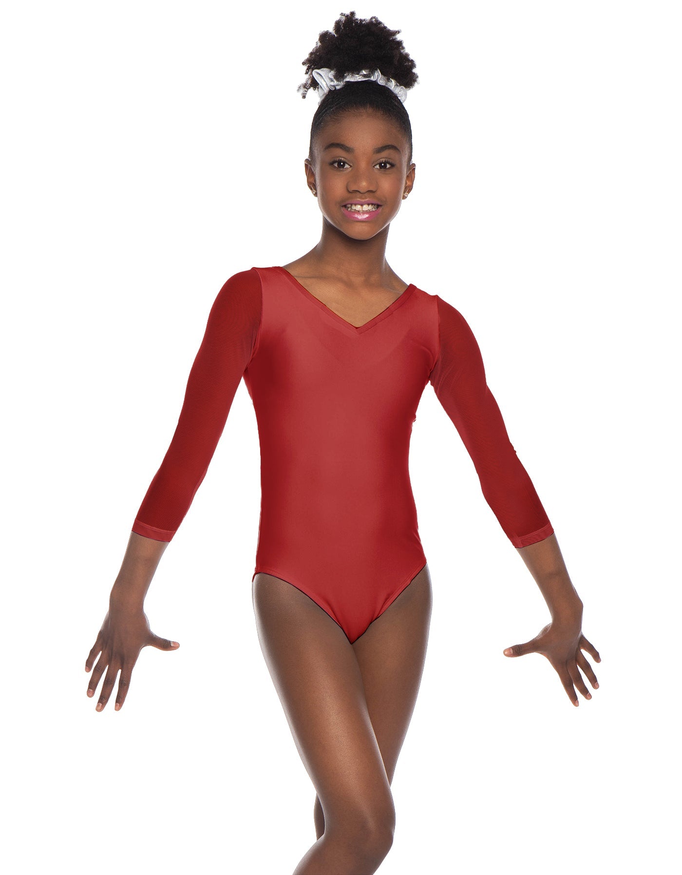 Solid Lycra Mesh 3/4 Sleeve V-Neck Leotard Gymnastics
