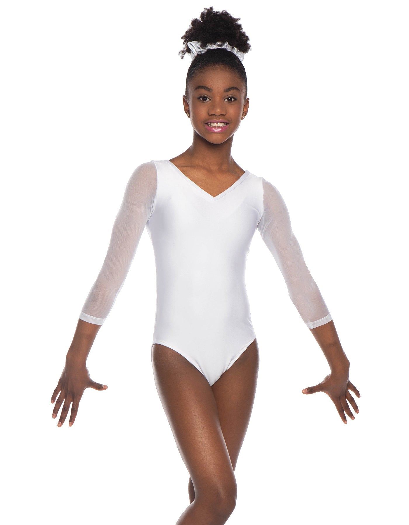 Solid Lycra Mesh 3/4 Sleeve V-Neck Leotard Gymnastics