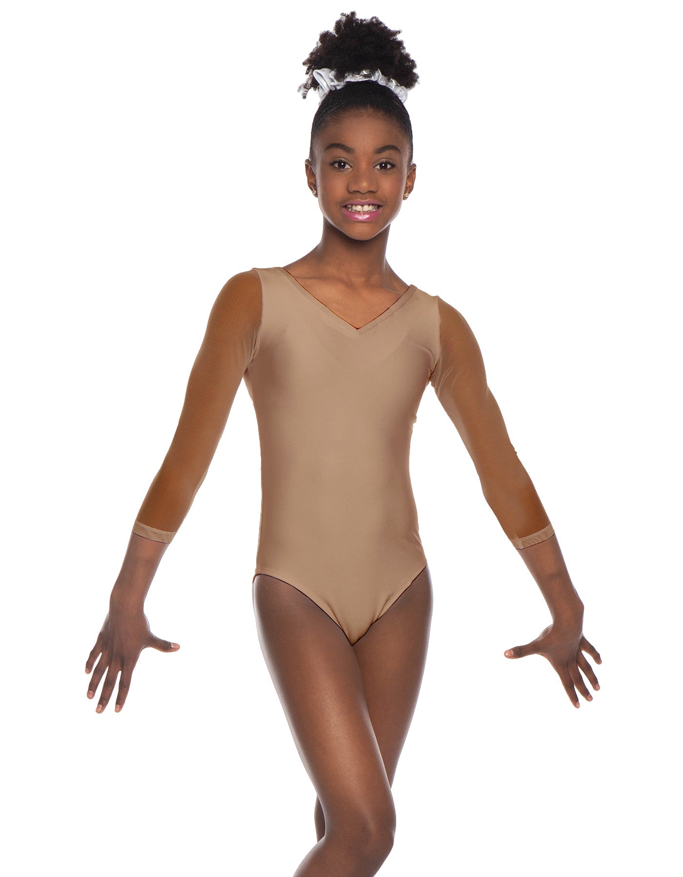 Solid Lycra Mesh 3/4 Sleeve V-Neck Leotard Gymnastics