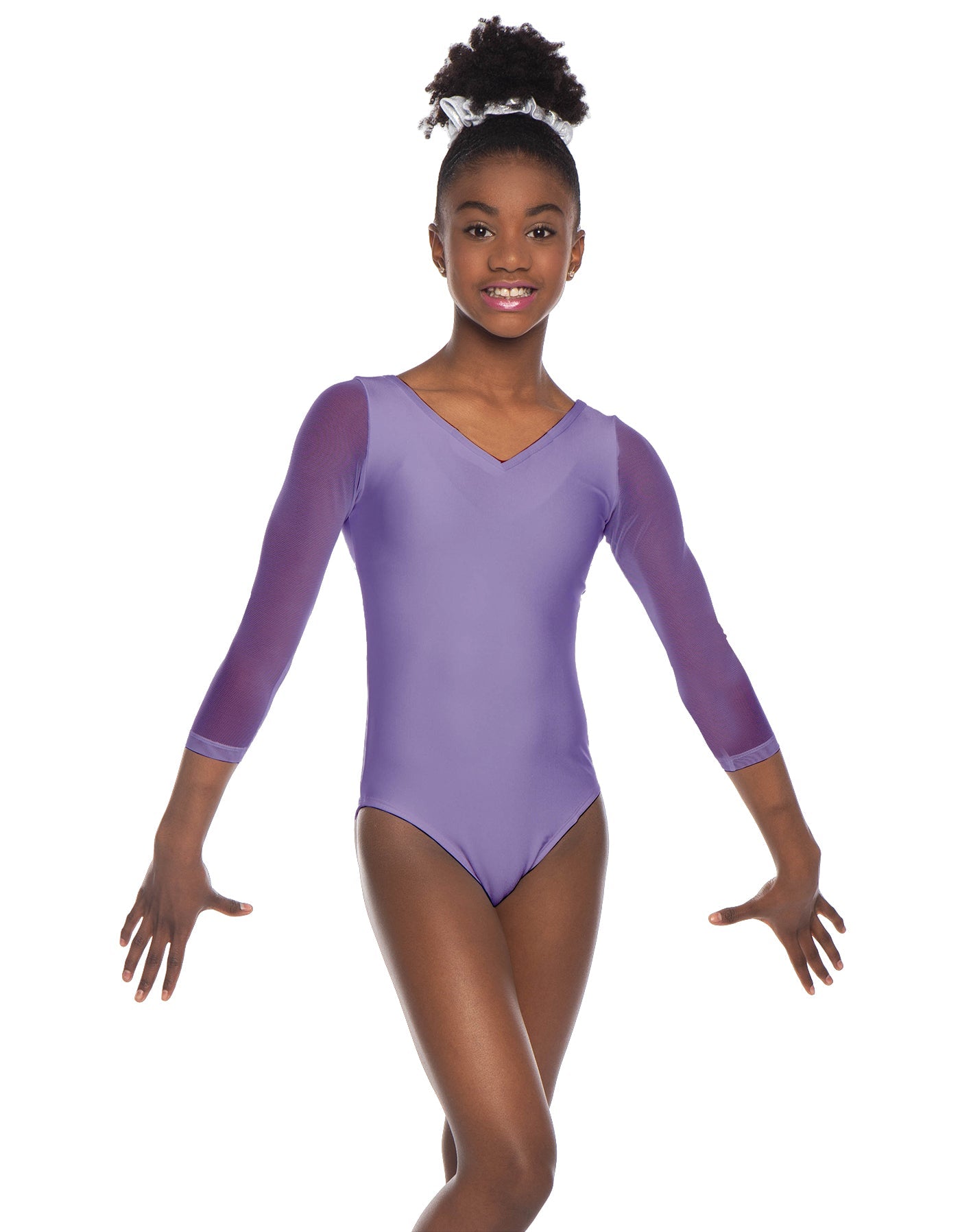 Solid Lycra Mesh 3/4 Sleeve V-Neck Leotard Gymnastics