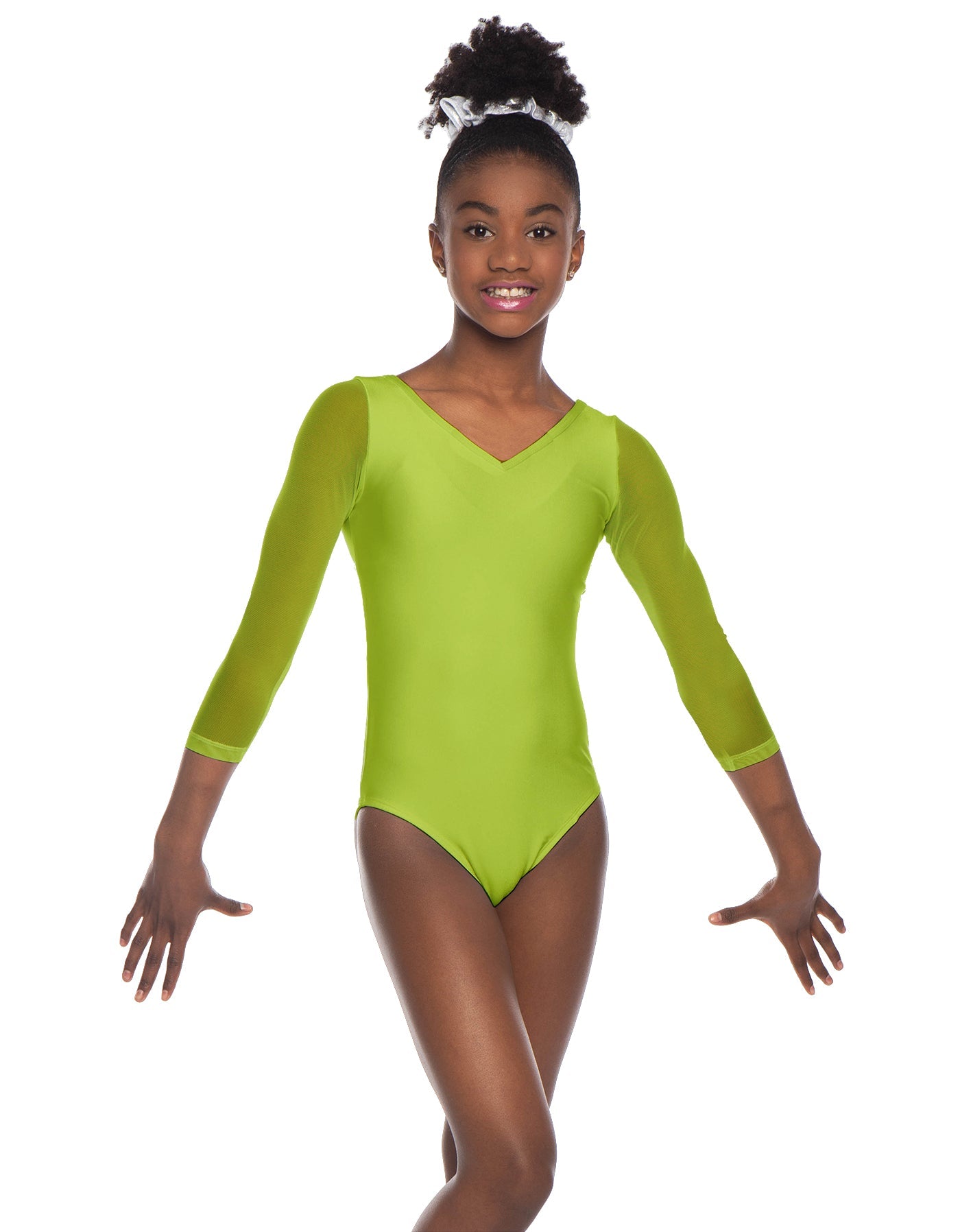Solid Lycra Mesh 3/4 Sleeve V-Neck Leotard Gymnastics