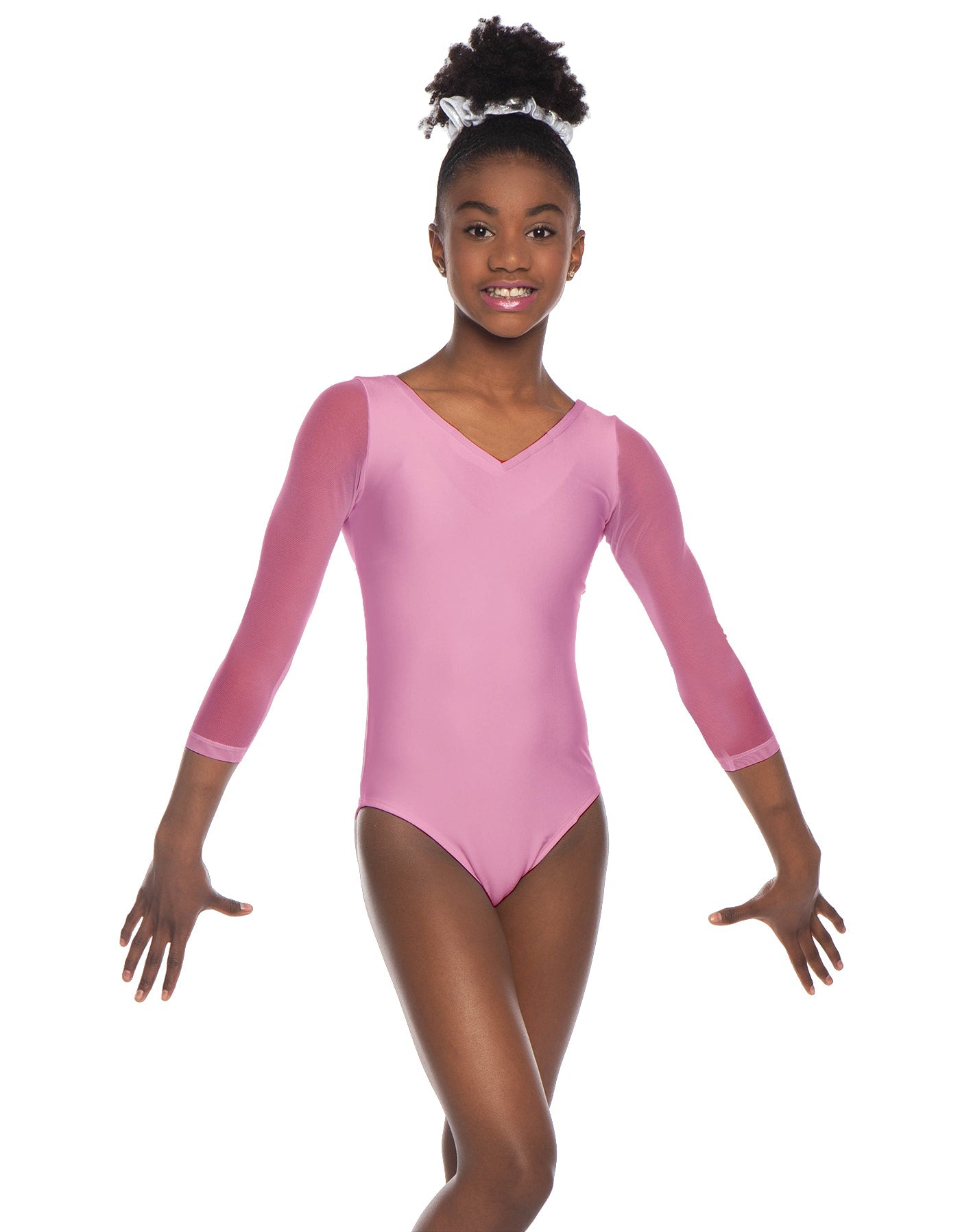 Solid Lycra Mesh 3/4 Sleeve V-Neck Leotard Gymnastics